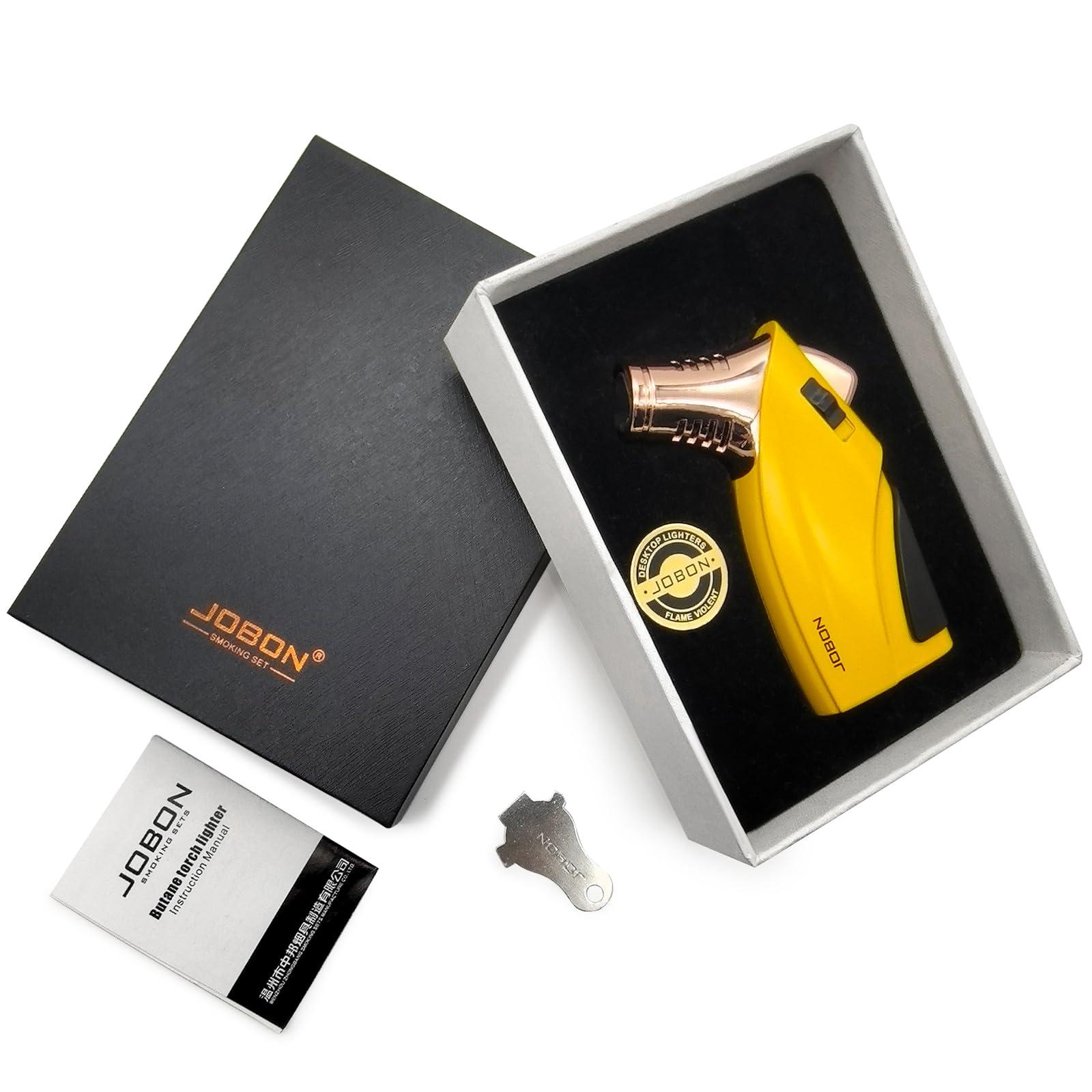 JOBON JOBON Torch Lighter, Triple Jet Flame Butane Lighter with Punch and Safety Lock (Butane Gas Not Included) (Yellow)