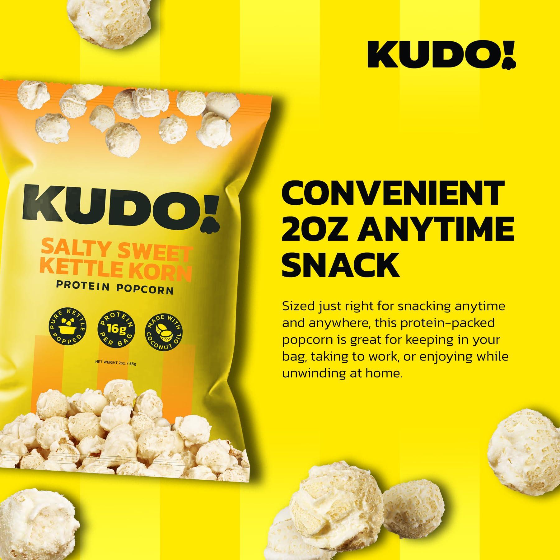 KUDO KUDO Protein Popcorn, Salty Sweet | 10g of Protein Per Bag | 100% Whole Grain & Non-GMO Healthy Snacks | Keto Friendly & Gluten Free Kettle Popcorn, 2 oz. Bag (2 Pack)