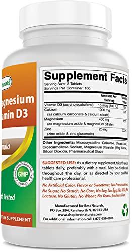Best Naturals Best Naturals Calcium Magnesium Zinc with Vitamin D3, 300 Tablets - Calcium 1000 mg, Magnesium 400 mg, Zinc 25 mg & D3 600 IU per Serving (3 Tablets)