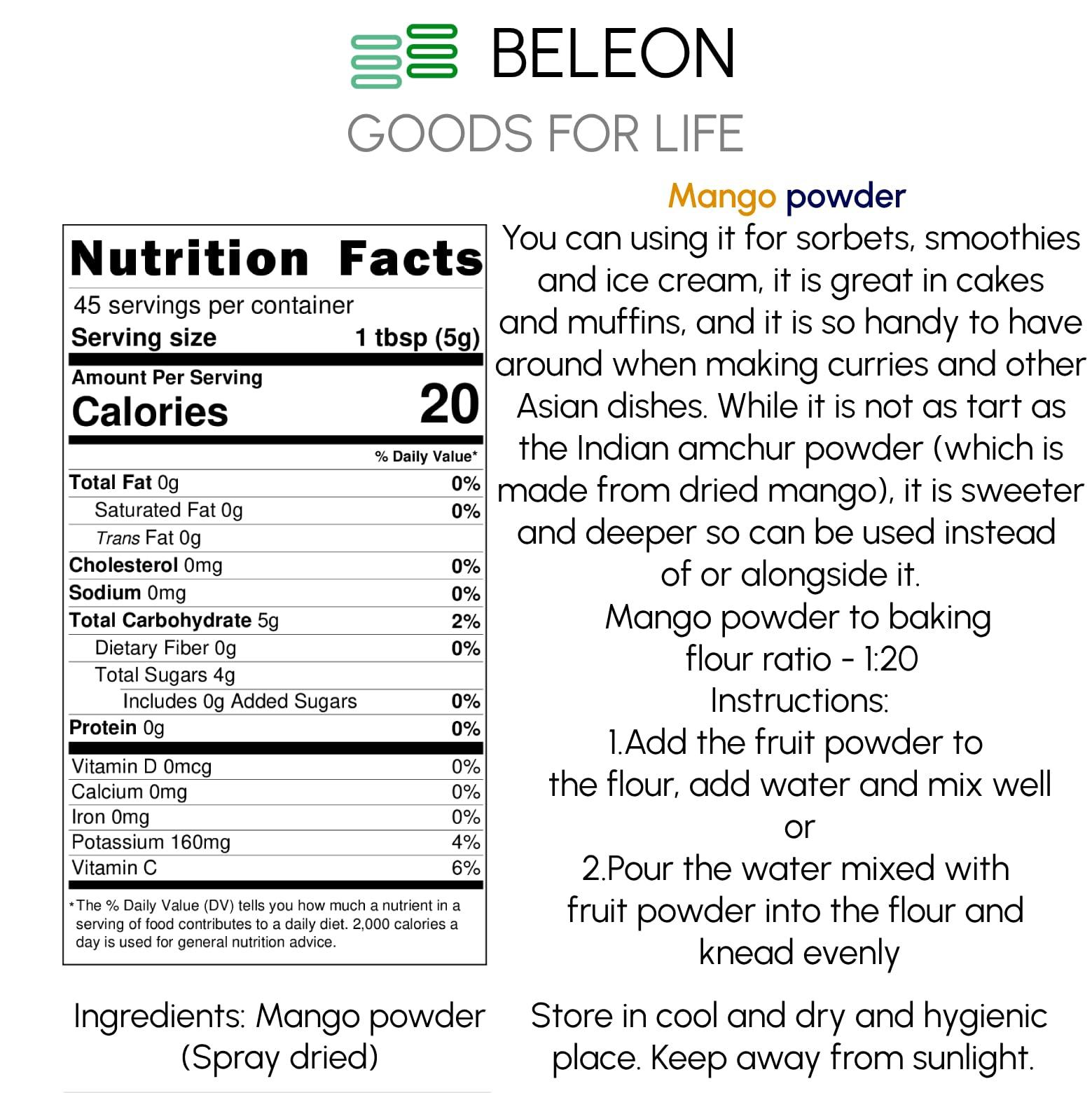 Beleon Goods For Life Organic Mango Powder - Pure All Natural Mango Powder for Drinks, Smoothies, Juice, Beverage, Baking, 8 oz