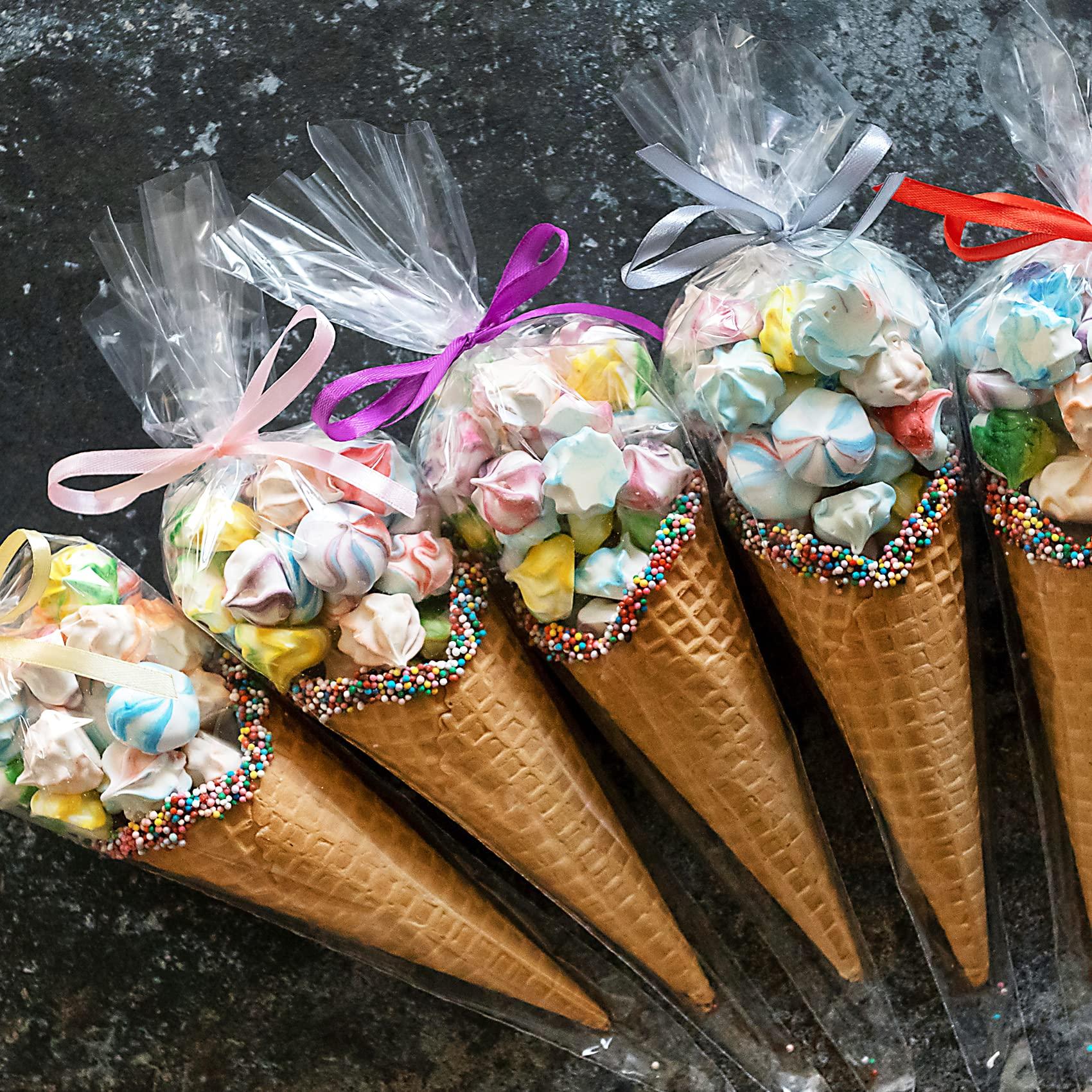 Morepack Morepack Cone Treat Bags, 100Pcs, 7x15 Inches, Clear Cellophane, with Twist Ties, for Treats, Popcorn, Candy, Party Favors