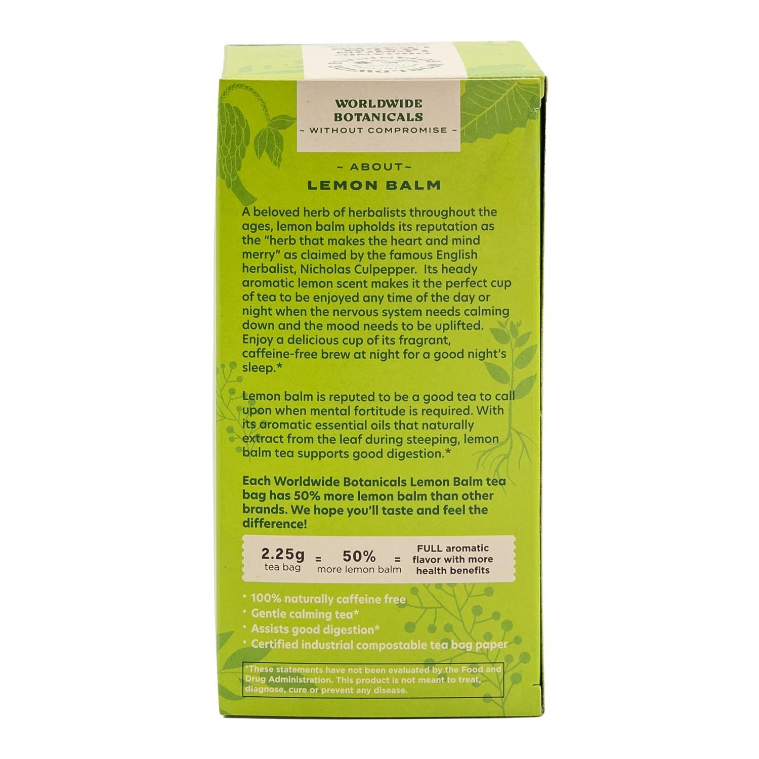 Worldwide Botanicals Worldwide Botanicals Organic Lemon Balm Tea, 25 Tea Bags - 50% more herbs with 2.25g per teabag - 100% Pure Lemon Balm Leaves, Kosher