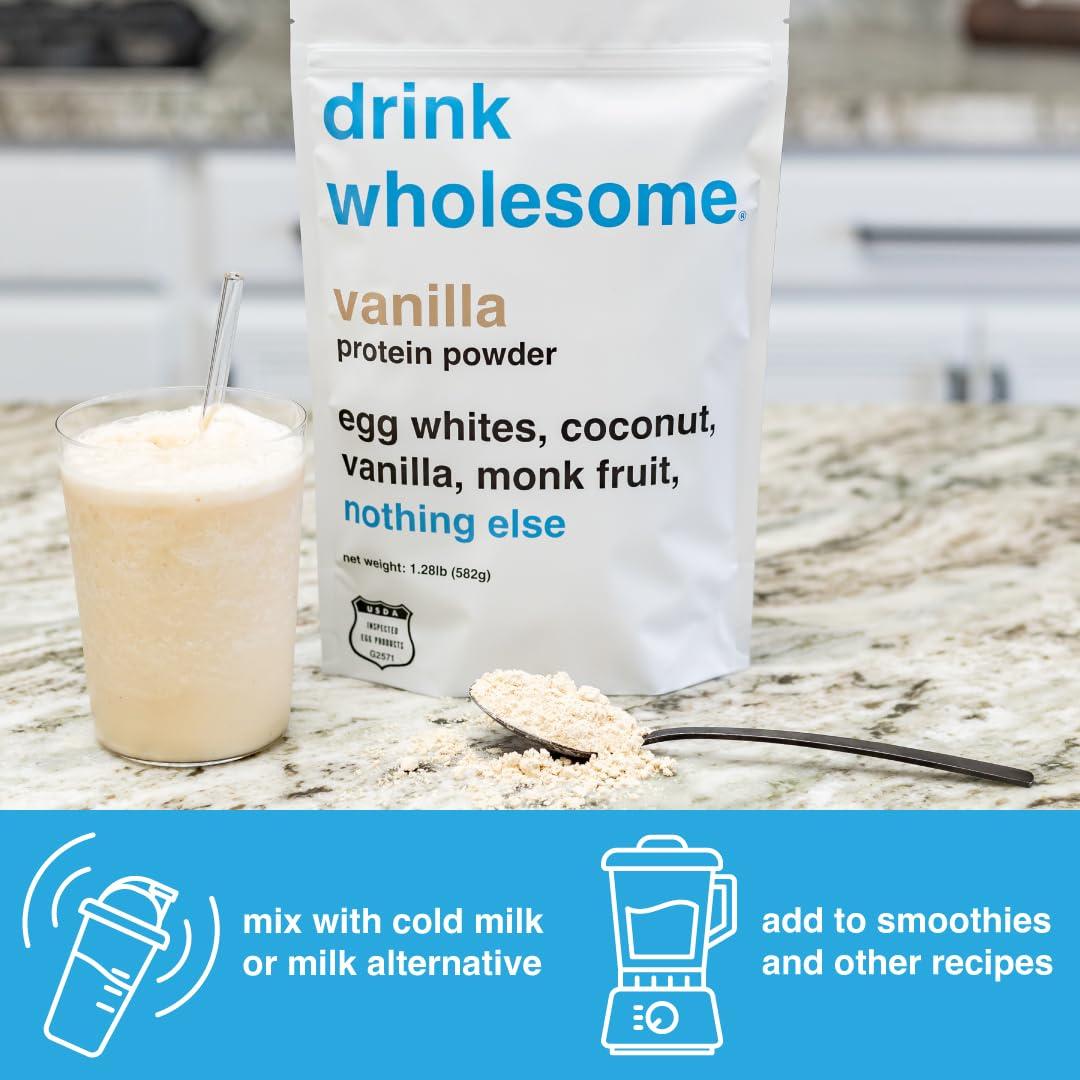 drink wholesome drink wholesome Vanilla Egg White Protein Powder | for Sensitive Stomachs | Gut Friendly | Dairy & Lactose Free | No Artificial Sweeteners | Carnivore & Paleo | Safe for Kids & Seniors