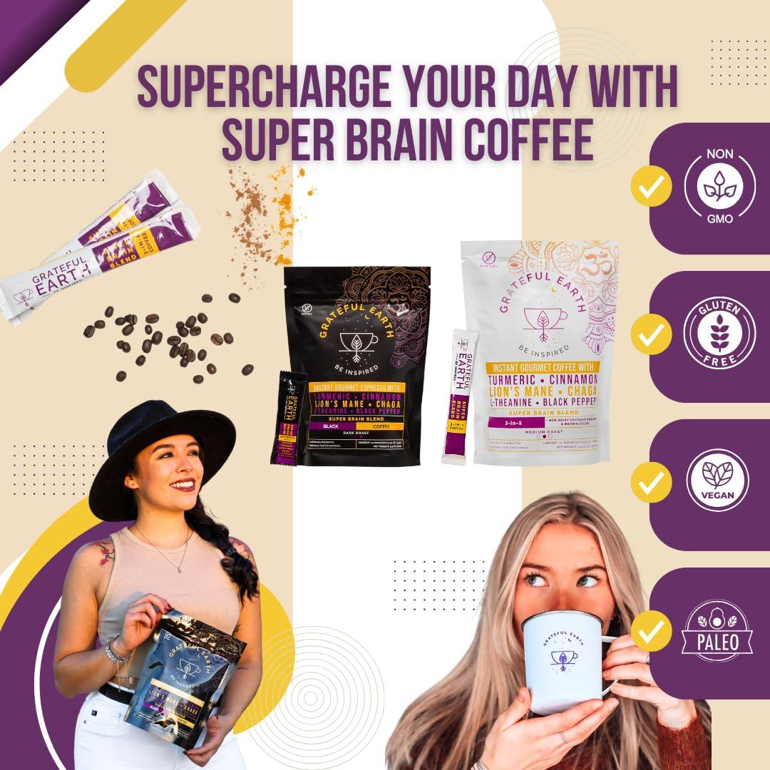 Grateful Earth Grateful Earth Mushroom Coffee, Coconut Instant Coffee with Cinnamon, Turmeric, Lions Mane Mushrooms, L-Theanine, Chaga, Super Brain Blend For Energy & Immune Support, Dairy & Gluten Free, 20 Packets