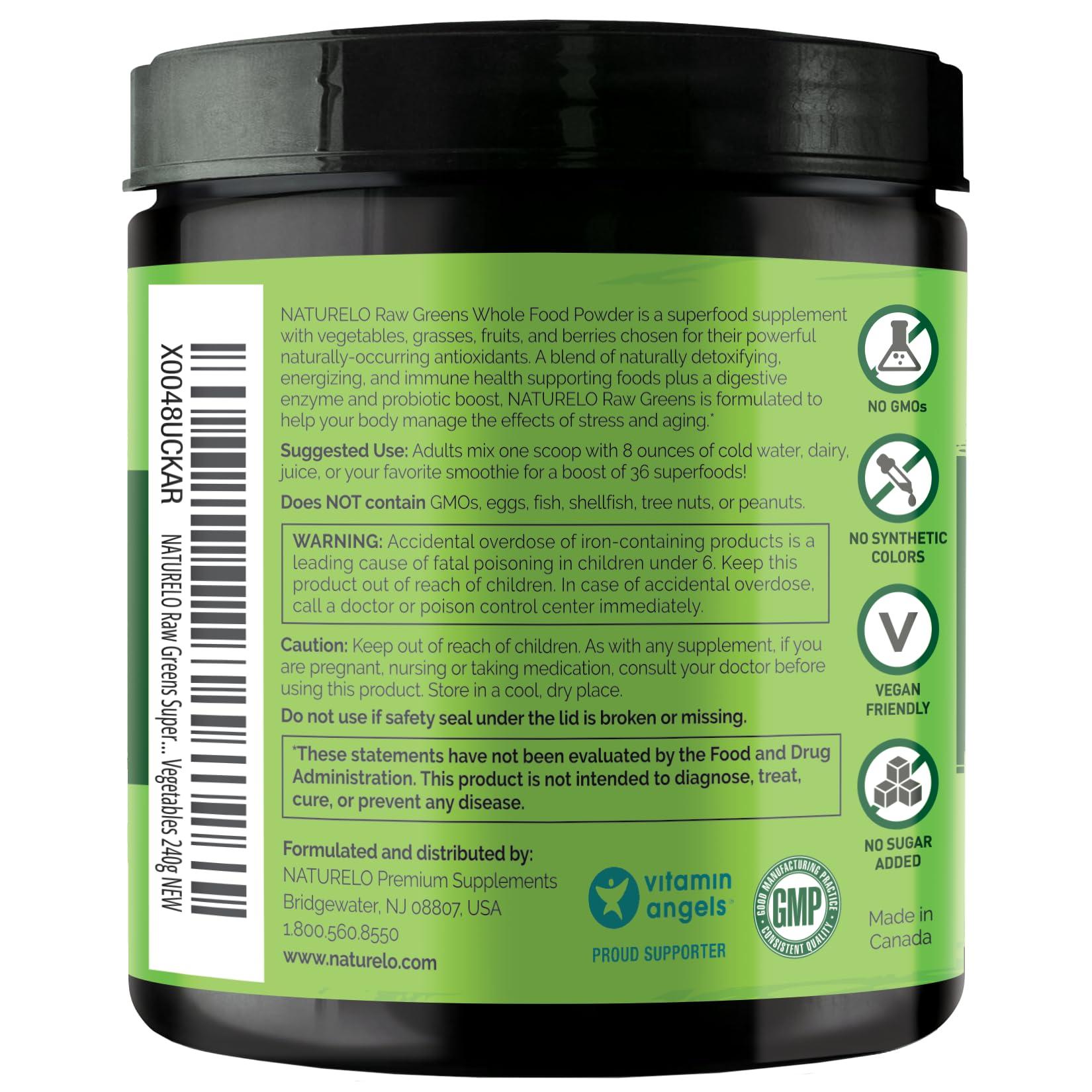 NATURELO NATURELO Raw Greens Superfood Powder - Unsweetened - Boost Energy, Detox, Enhance Health - Organic Spirulina - Wheat Grass - Whole Food Nutrition from Fruits and Vegetables - 240 Grams