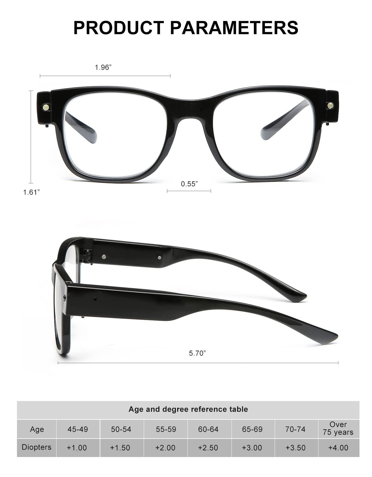 OKH OKH Magnifying Glasses for Close Work With Light Up Reading Glasses with Light, Rechargeable LED Lighted Reading Glasses, Anti Blue Light, Bright Clear Vision Unisex, Square+3.0x