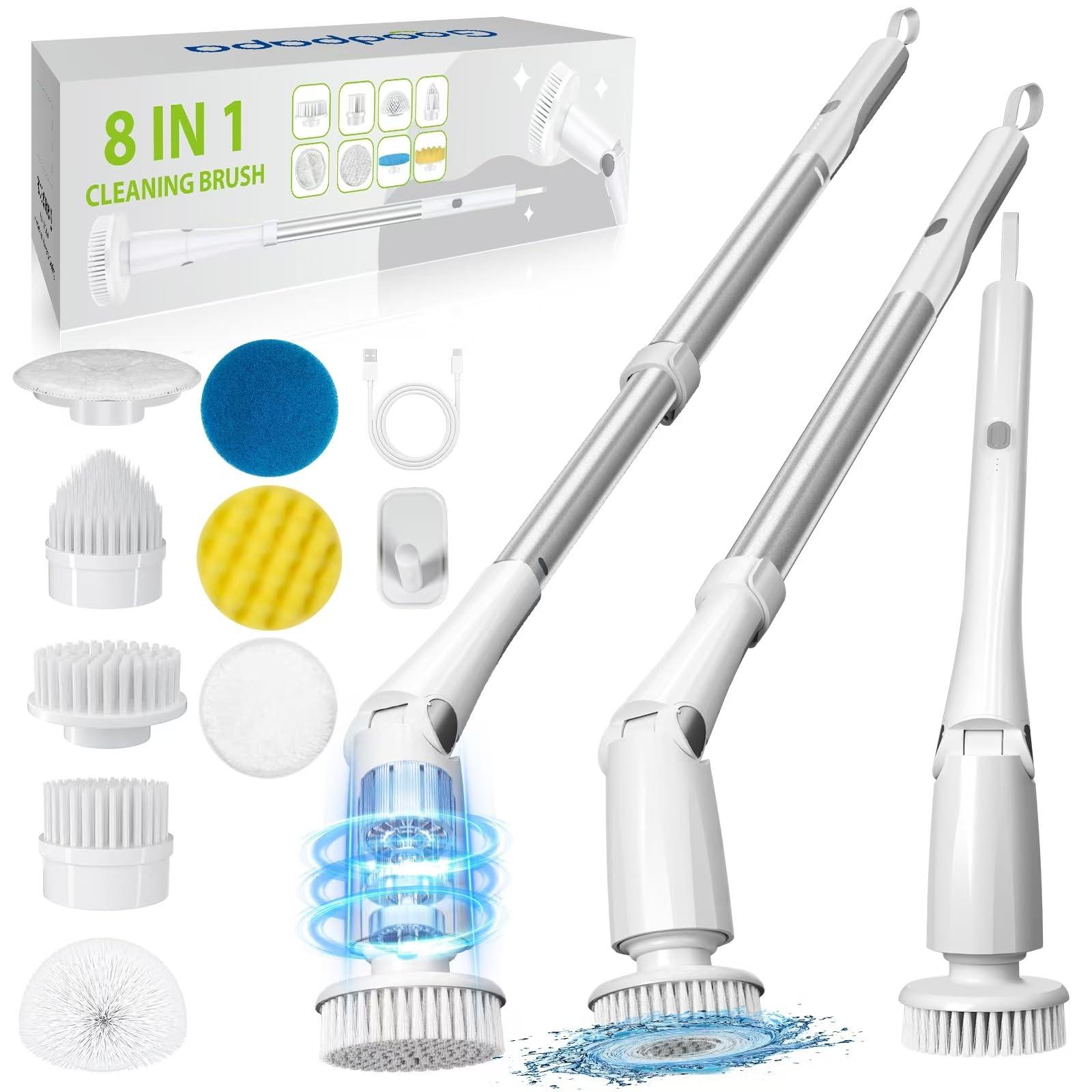 GOOD PAPA Electric Spin Scrubber, Cordless Cleaning Brush with 8 Replaceable Cleaner Brush, Power Shower Scrubber with Long Handle, Electric Scrubber for Cleaning Floor Bathroom Bathtub Tile