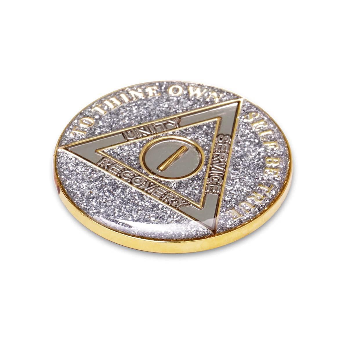 The Token Shop 1 Year Sobriety Coin | Glitter Triplate AA Chip Recovery Anniversary Token (Silver)