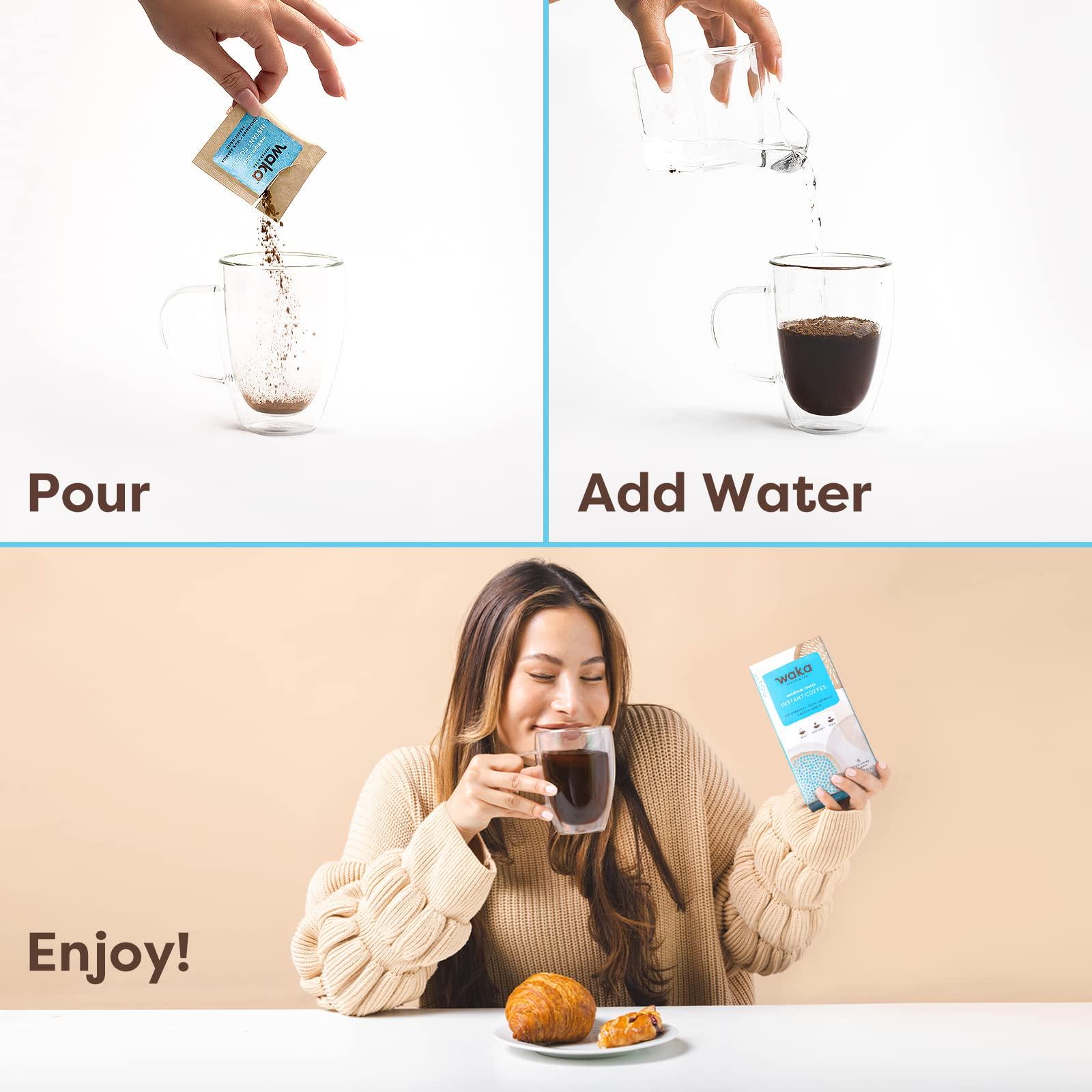 Waka Coffee Waka Instant Coffee, Medium Roast - 100% Arabica Colombian Beans, Freeze Dried Granules, No Additives - Single Serve Packets for Quick Hot and Iced Coffees (8 Individual Coffee Packets)