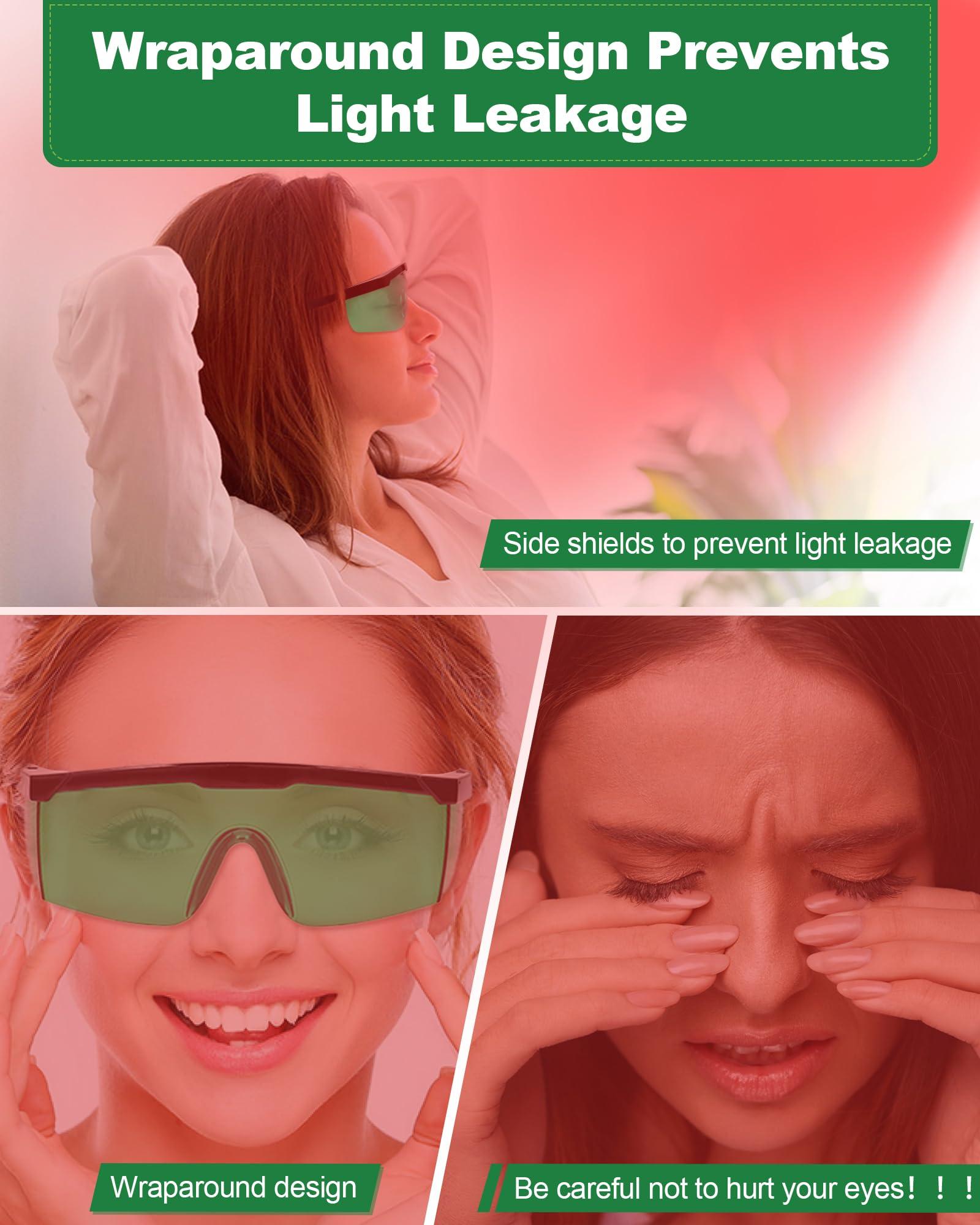 LIGHTMEUP Red Light Therapy Glasses, See-Through Eye Protection for Red Infrared 200-2000nm Full-Coverage Design Adjustable Fit Transparent Green Lenses for Phone & TV Use During Therapy Sessions Pack of 2
