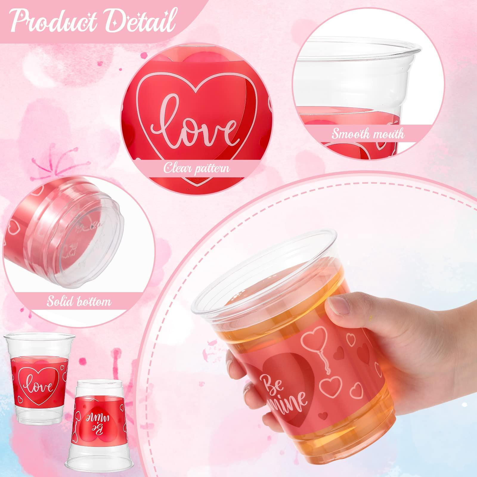 Meanplan Meanplan 100 Pcs 12 oz Valentine Plastic Cups Disposable Valentine Clear Coffee Cups Pink Heart Shot Glasses Party Supplies for Liquor Iced Coffee Juice(Be Mine Style)