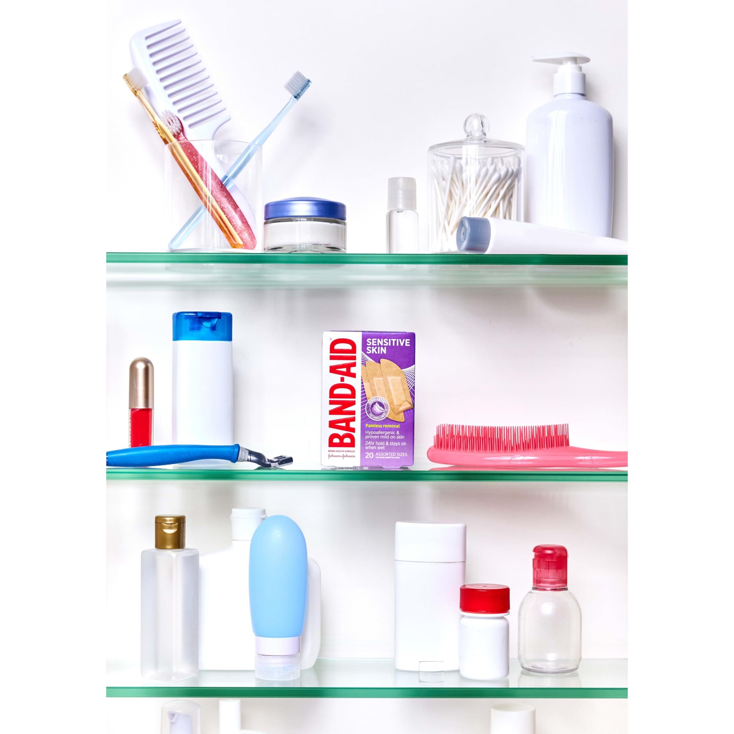 Band-Aid Band-Aid Brand Adhesive Bandages for Sensitive Skin, Hypoallergenic First Aid Bandages with Painless Removal, Stays on When Wet & Suitable for Eczema Prone Skin, Sterile, Assorted, 20 ct