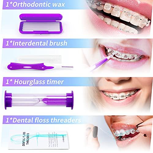 Annhua Braces Kit Cleaning Tools Boxed 8 Pack for Orthodontic, Portable Travel Dental Pick Tool Set for Braces, Interdental Brush, Ortho Wax, Floss, Oral Mirror Included - Purple
