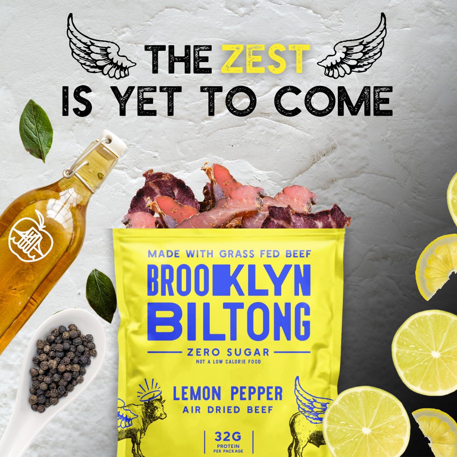 Brooklyn Biltong Brooklyn Biltong Air Dried Grass Fed Beef Snack, South African Beef Jerky (8oz, Pack of 2) - Whole30 Approved, Paleo, Keto, Gluten Free, Sugar Free, Made in USA - (Lemon Pepper)