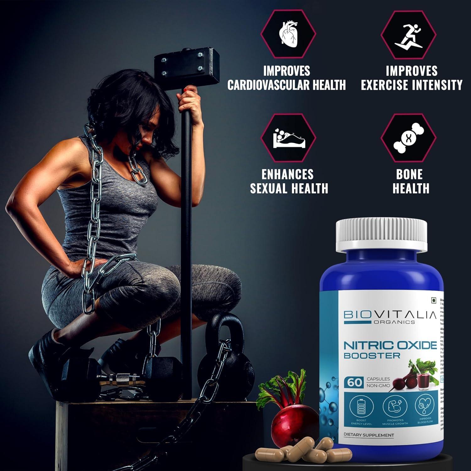 BIOVITALIA ORGANICS Biovitalia Nitric Oxide Booster Capsule L-Arginine Capsule Beetroot Supplement for Men & Women | Promote Blood Flow & Pre Workout Muscle Pump for Bodybuilding - 60 Vegan Capsules