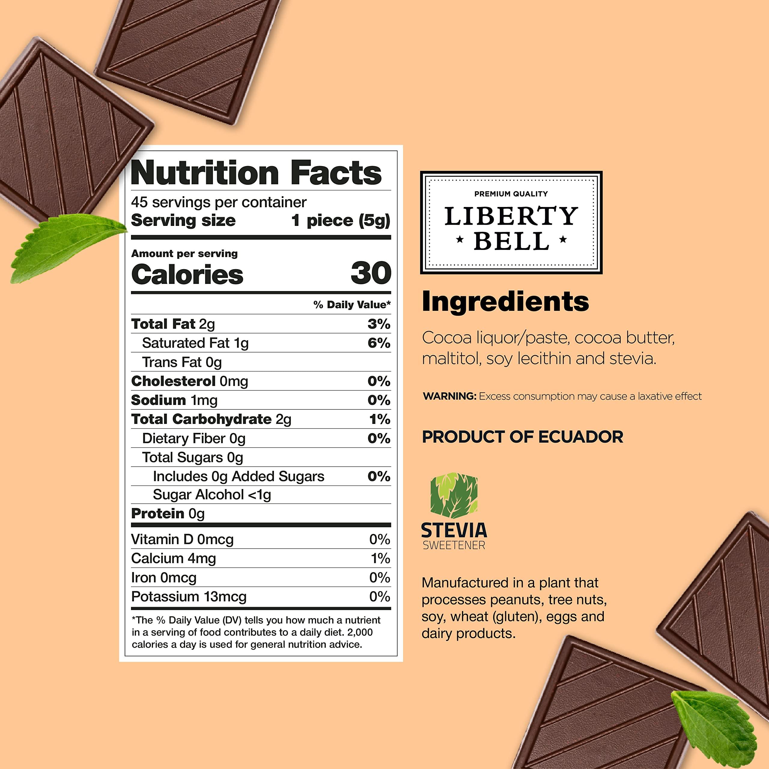 LIBERTY BELL Zero Sugar Dark Chocolate Squares 66% Cocoa, Vegan, Gluten-Free, Stevia Sweetened Candy Bars, 45 Count