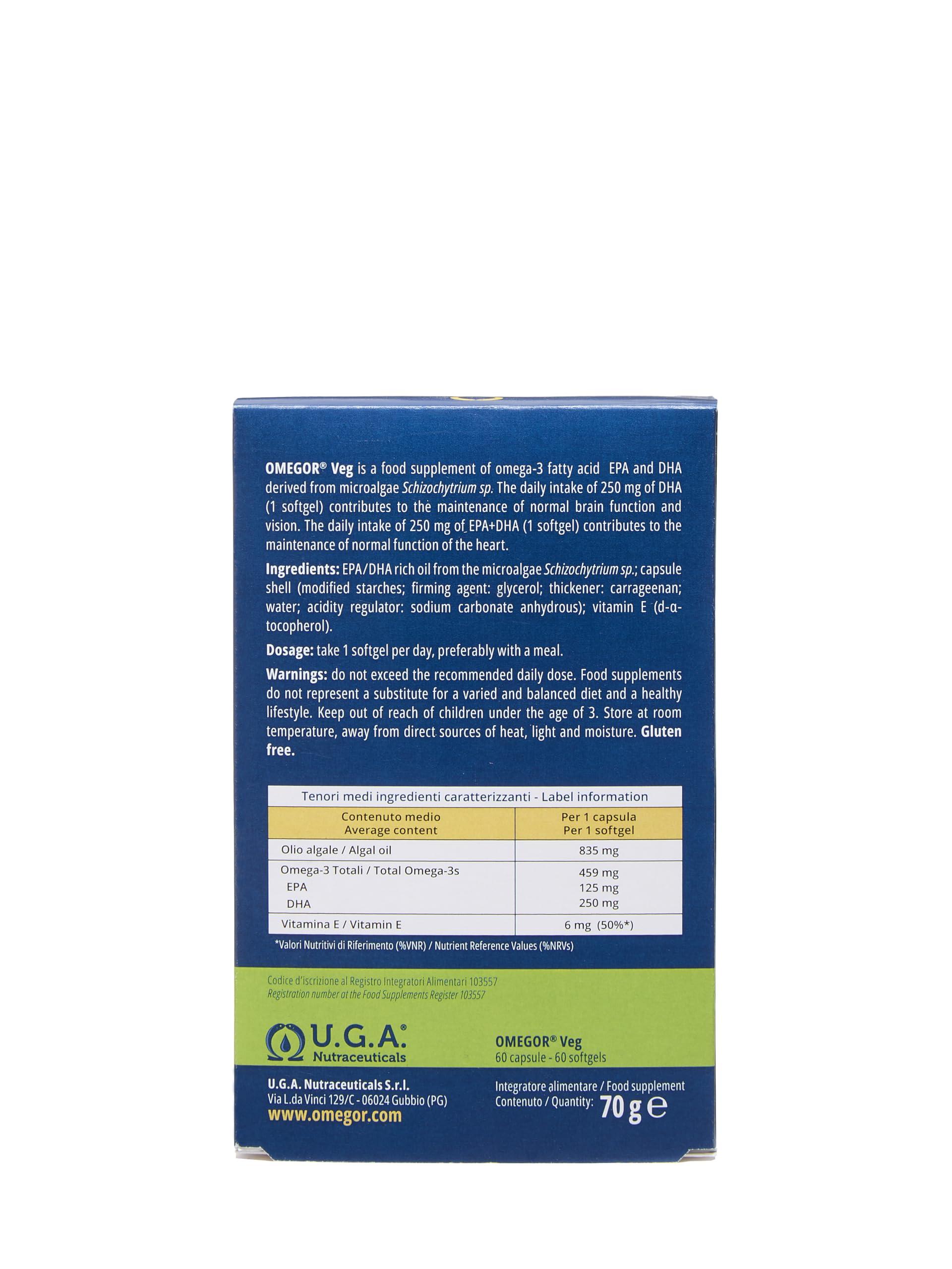 OMEGOR Omegor Veg Omega-3 Vegan (60 Capsules) Plant-Based Omega-3 Derived from Algal Oil, Enriched with Vitamin E Contains 250mg DHA and 125mg EPA per Capsule IFOS and Vegan Society Certified
