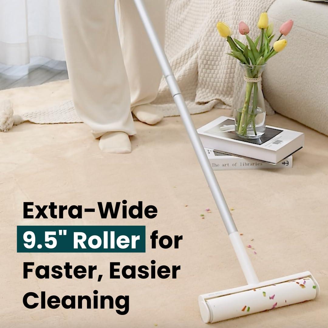 Beyond Thursday Large Lint Roller with Extra Sticky Roller and 420 Sheets 9.5\" Wide, Floor Lint Roller Long Handle, Extendable to 41\", Carpet, Couch, Pet Hair, Clothing Cleaning Supplies (Navy Roller + 7 Refills)