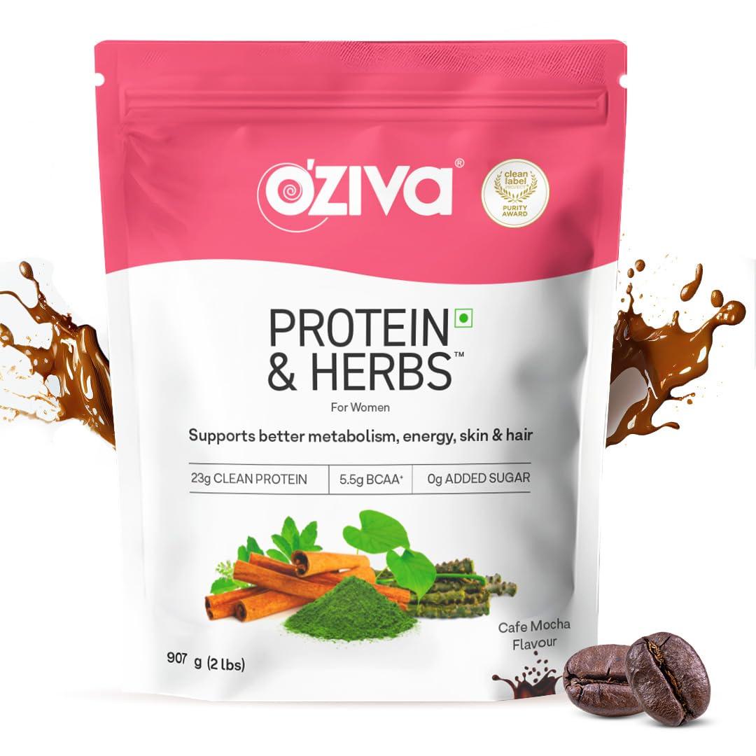 OZIVA Oziva Protein & Herbs Whey Protein with Ayurvedic Herbs for Women, Cafe Mocha, 31 Servings, 0g Added Sugar