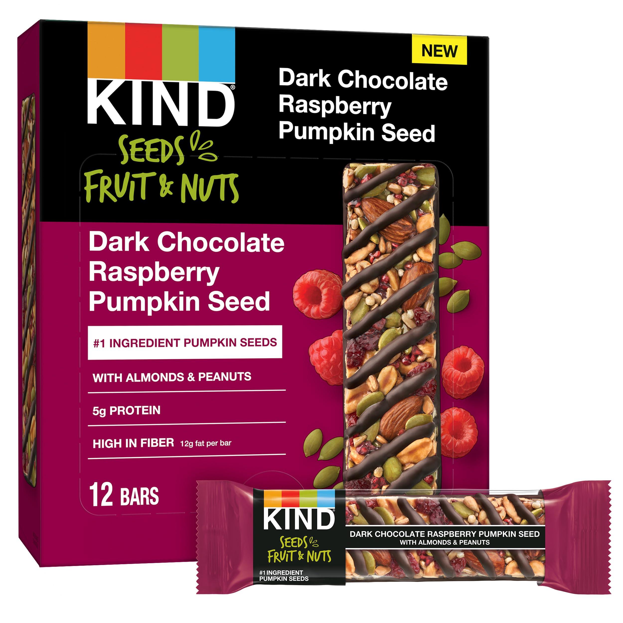 KIND KIND Seeds Fruit & Nuts Snack Bar, Dark Chocolate Raspberry Pumpkin Seed | 5g Protein, High Fiber, Gluten Free Bars, 1.4 OZ, 12 Count