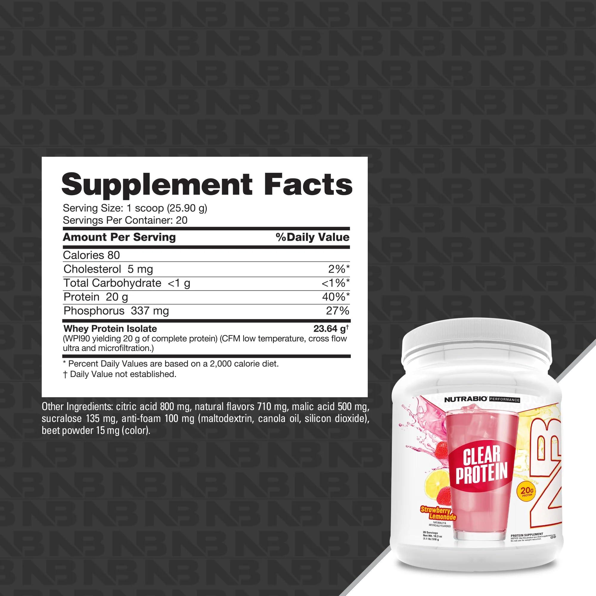 NutraBio NutraBio Clear Whey Isolate Protein Powder, Delicious & Refreshing Fruit Flavors, Protein Juice, No Milky Taste, No Foam, Zero Sugar, Strawberry Lemonade, 20 Servings