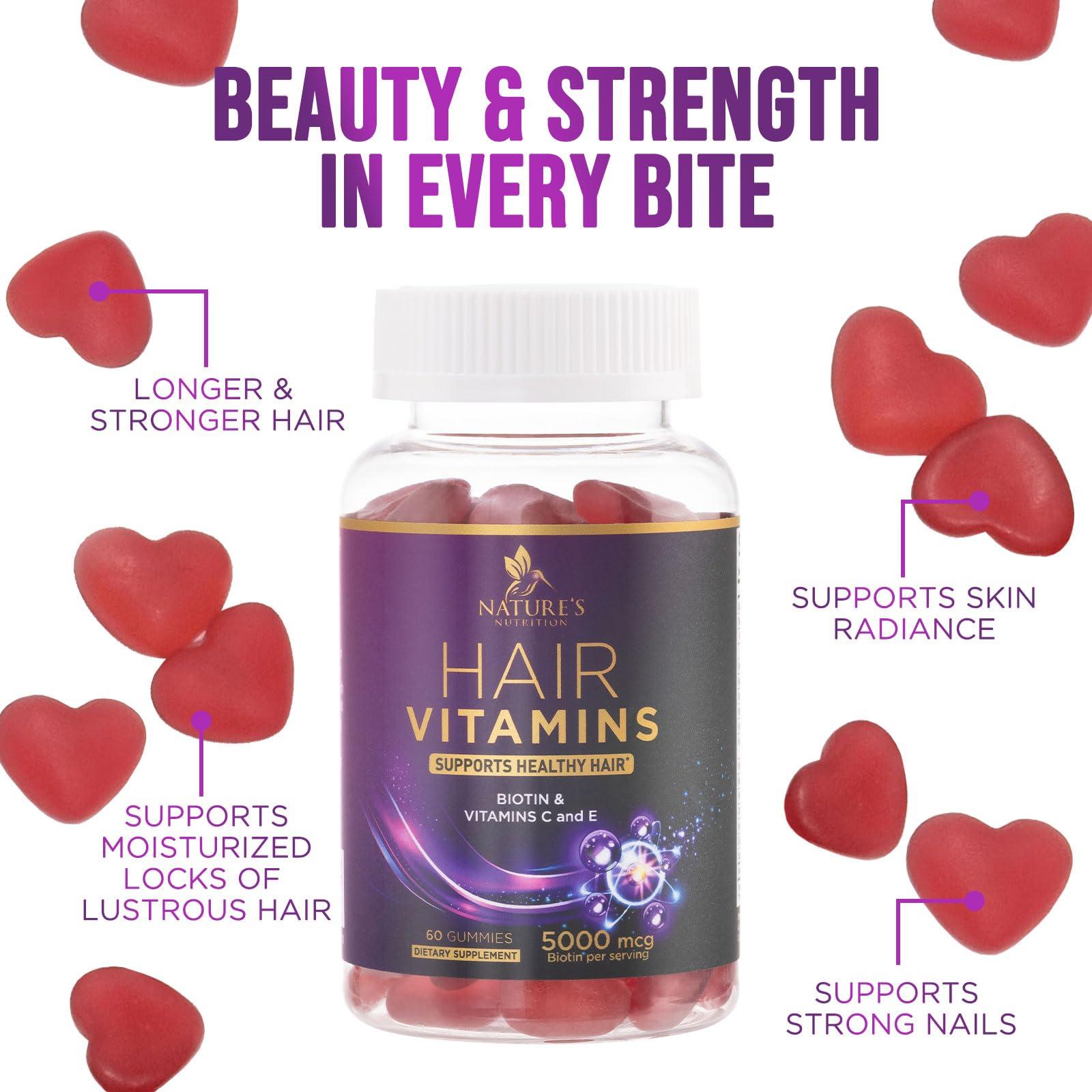 Nature's Nutrition Hair Growth Supplement Gummy for Stronger, Radiant Hair, Skin & Nails - Hair Vitamins with Biotin 5000 mcg and Vitamin E & C, Nature\'s Extra Strength Hair Vitamins for Women & Men - 60 Gummies