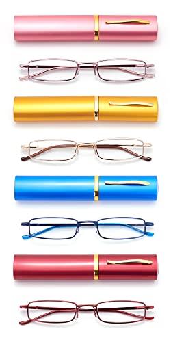 HIGHLIKE HIGHLIKE 4-Pack Slim Pocket Reading Glasses Men Women, Compact Readers Super Clear Lens, Spring Hinge Metal Frame Eyeglasses, Red Golden Blue Pink 2.5 x