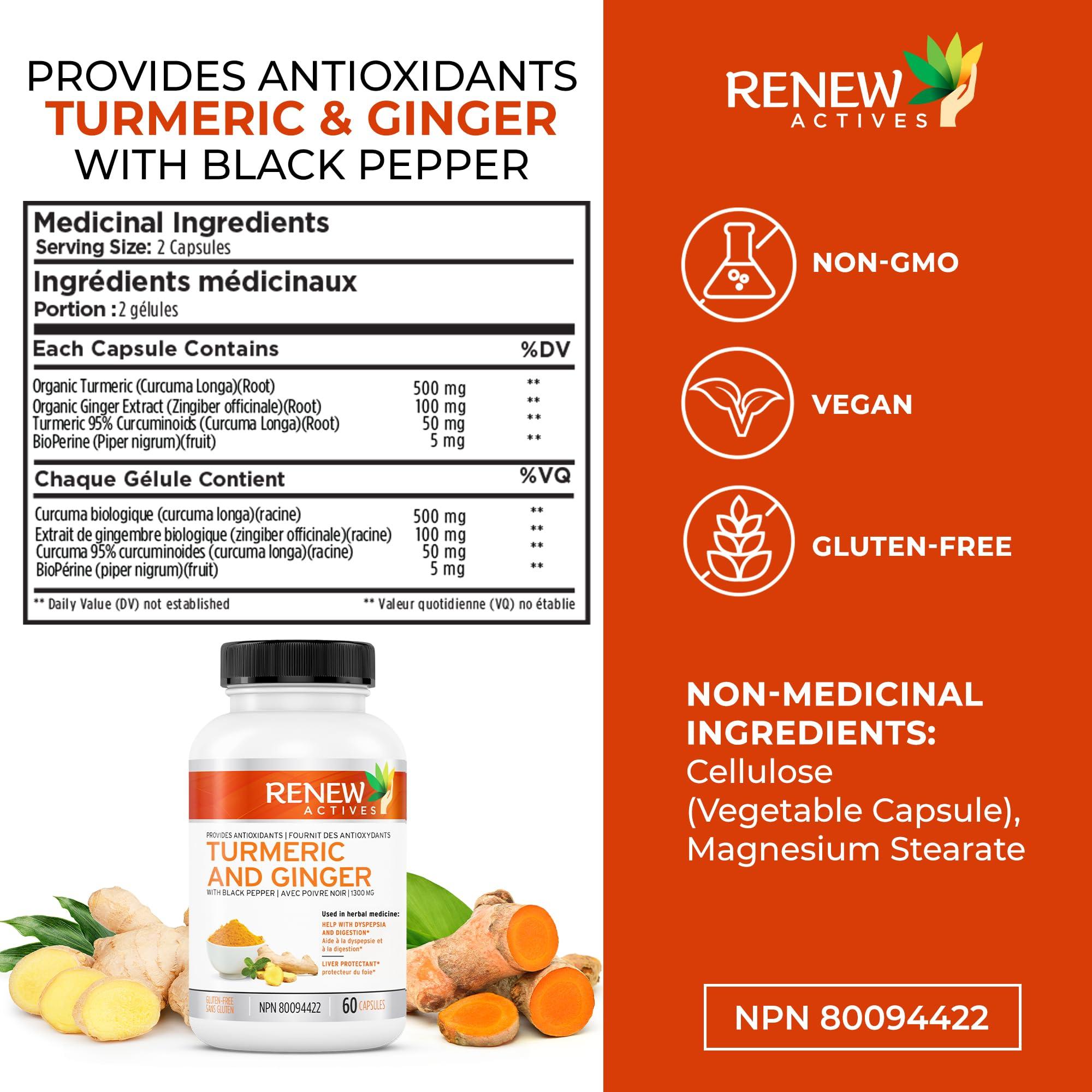 Renew Actives Renew Actives Ginger Turmeric Curcumin Capsules - Potent Antioxidant with Bioperine & Black Pepper Blend for Digestive & Liver Health - Easy-to-Swallow Capsules - 60 Vegan Capsules