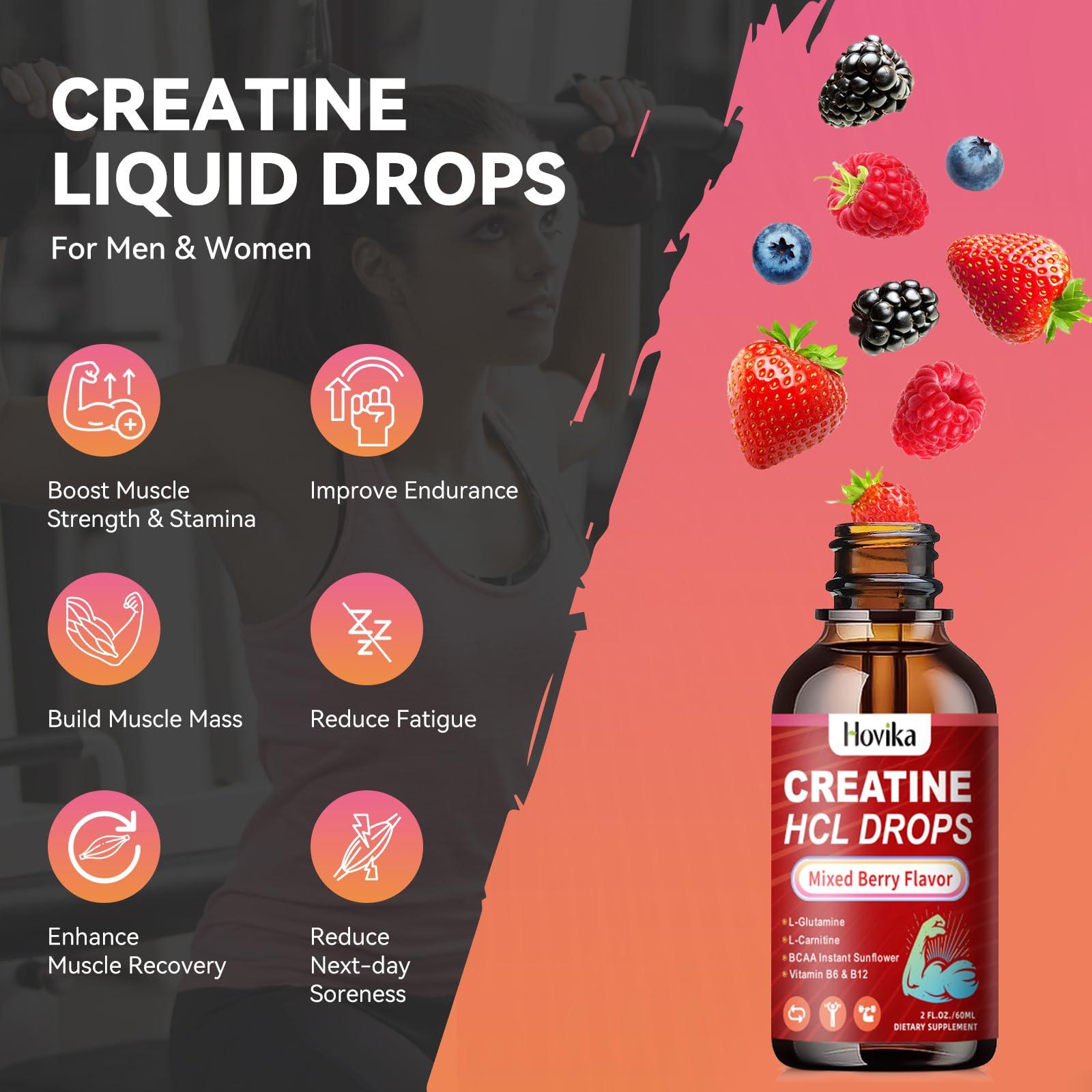 Hovika Creatine HCL Liquid Drops for Men & Women, Creatine Hydrochloride with L-Carnitine, L-Glutamine, BCAA, Vitamin B12 & B6 for Muscle Growth & Recovery-Vegan, Mixed Berry Flavor Flavor, 2 Fl Oz