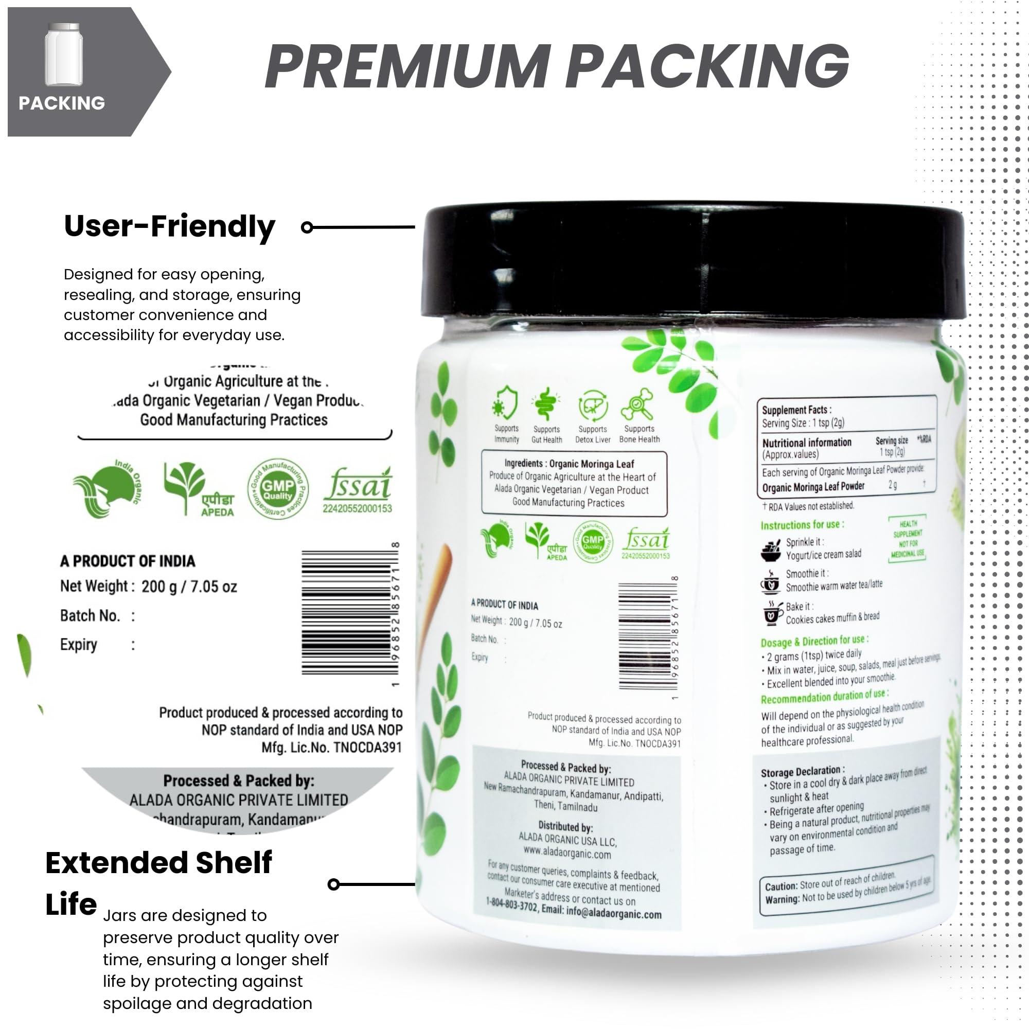 ALADA ORGANIC ALADA ORGANIC Moringa - Moringa Powder Single Garden Premium 100% Leaf Powder India Organic Certified, Moringa Oleifera - Smoothies, Drinks, Tea & Recipes -7.05 OZ