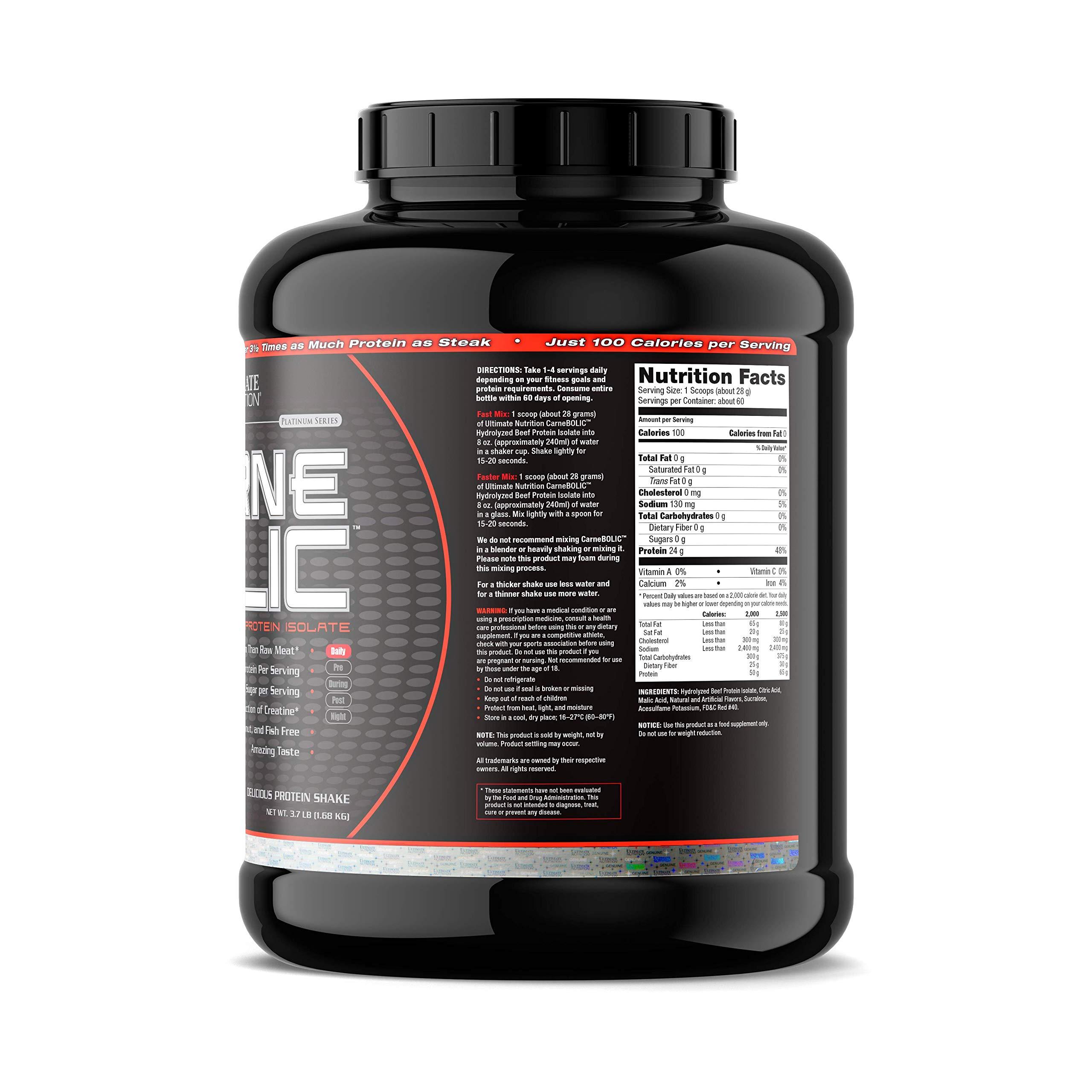 Ultimate Nutrition Ultimate Nutrition Carne Bolic Beef Protein Powder, Lactose Free Protein Shakes, Paleo and Keto Friendly with No Sugar or Carb, Low Calorie Isolate Powder, Hydrolized Protein, 60 Servings, Fruit Punch