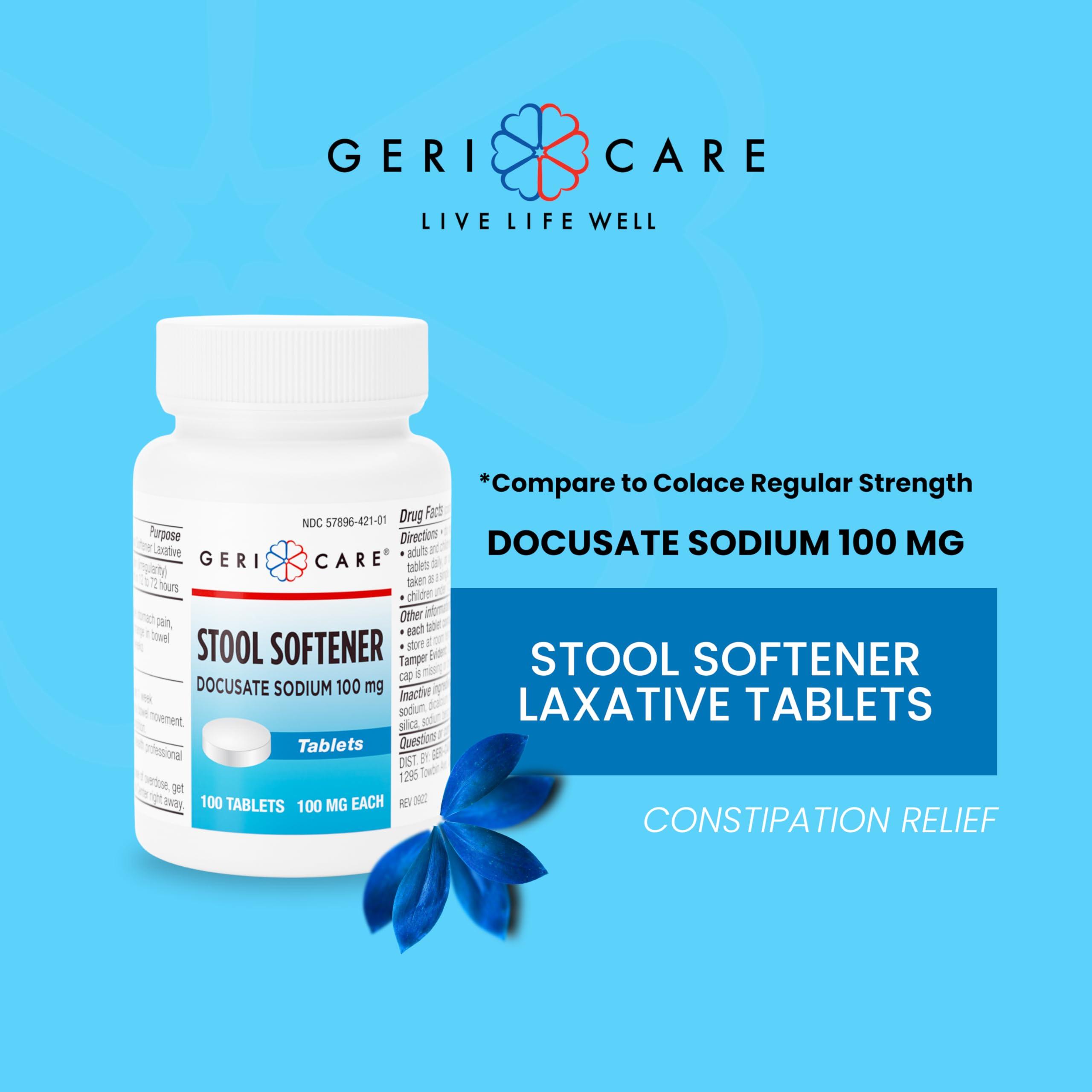 GeriCare GeriCare Docusate Sodium Stool Softeners, Best Stool Softener for Daily use for Women, Men, and Elderly - Ideal for Constipation Relief 100mg Crushable Tablets. (100 Count) Made in The USA.