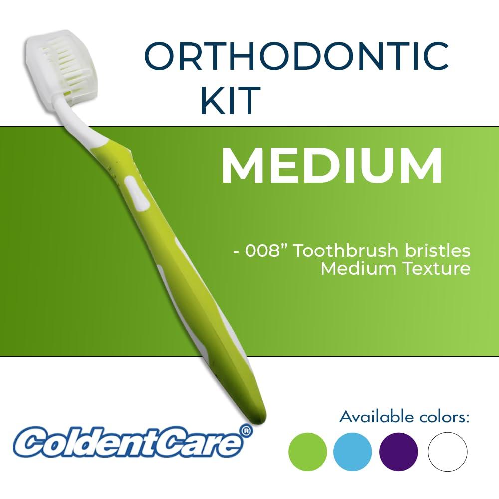 ColdentCare Braces Cleaning Kit for Teeth, Portable Orthodontic Toothbrush Kit Oral Care Dental Travel - 2 Interdental Brush, 5 Bars of Wax, 1 Dental Floss 12m, 13 Dental Floss Threader Multipurpose case (Green)