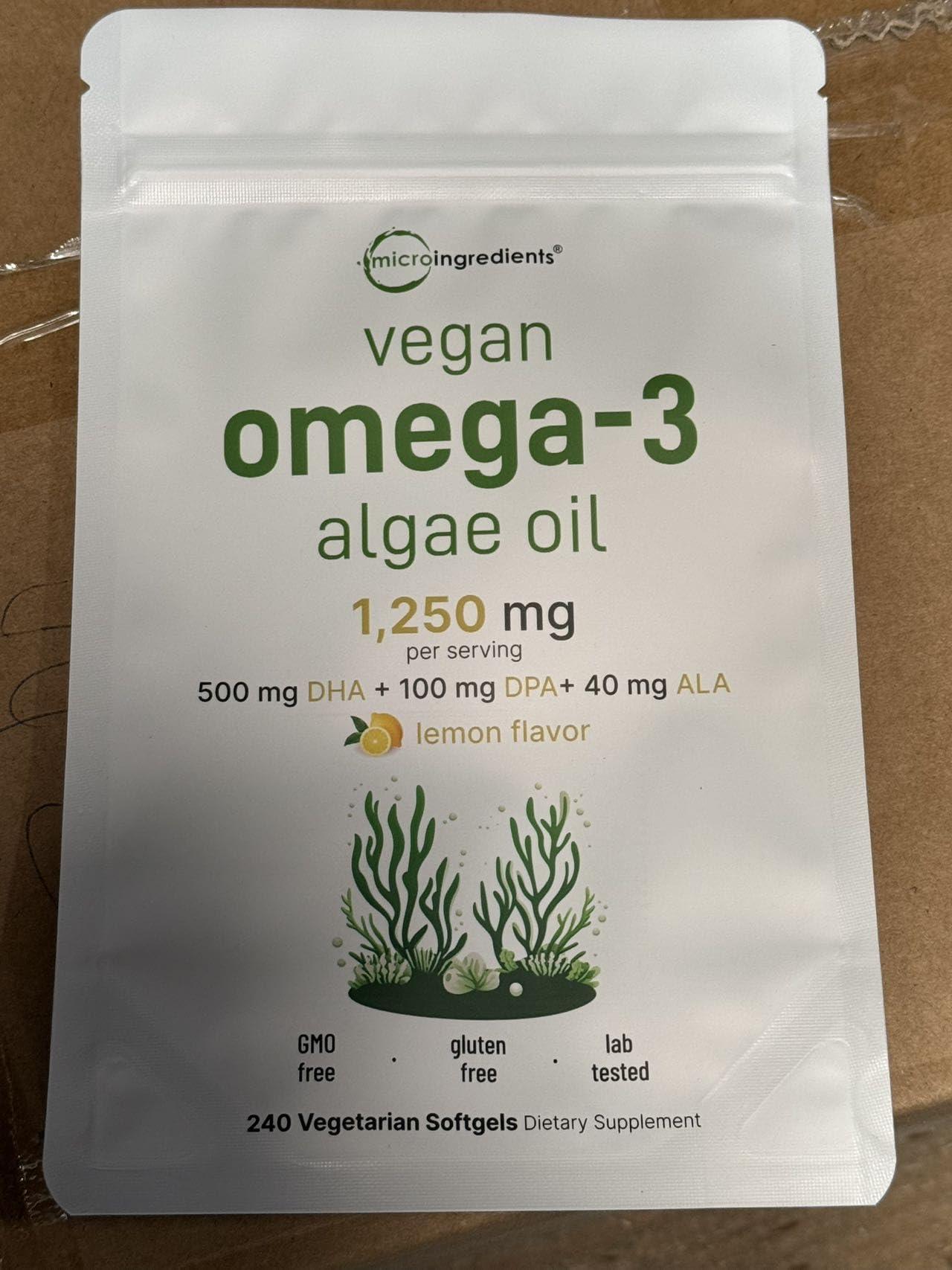 Micro Ingredients Vegan Omega 3 Algae Oil, 240 Veggie Softgels | Fish Oil Alternative | DHA 500mg & DPA 100mg | Carrageenan Free | Plant-Based Omega 3 with Flaxseed & ALA | Lemon Flavored