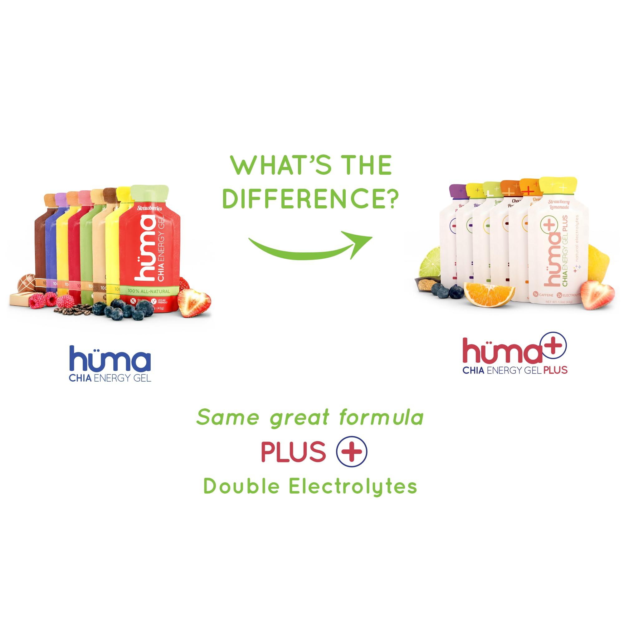 HÜMA CHIA ENERGY GEL Huma Plus (Double Electrolytes) - Chia Energy Gel, Lemon Lime, 24 Gels, 1x Caffeine - Stomach Friendly, Real Food Energy Gels