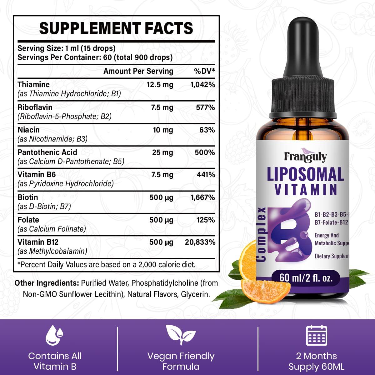Franguly Liposomal Vitamin B Complex Liquid Sublingual B Complex Vitamins Supplement for Women Men Improved Absorption Methylated B12,B1, B2, B3, B5, B6,Folate,Biotin for Energy & Immune Support-6.0 oz