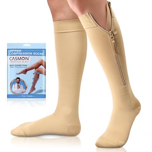 CASMON CASMON Zipper Compression Socks for Women & Men, 20-30 mmHg Closed Toe Knee High Support Sock, Medical Zip up Socks for Edema, Varicose Veins, Post-surgery, Swelling, Nurses, Pregnancy (1 Pair)