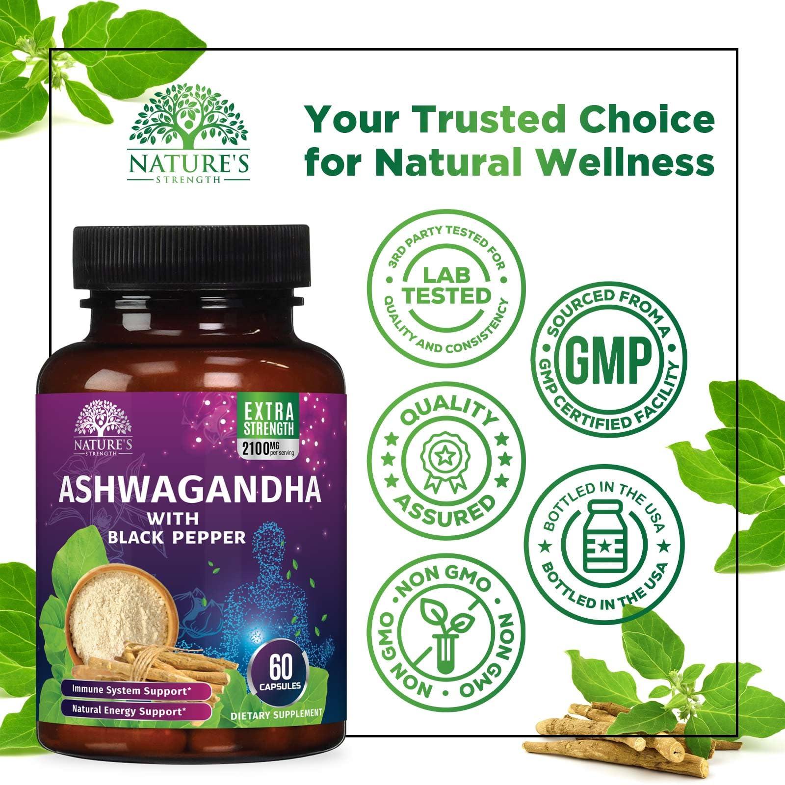 Nature\'s Strength Ashwagandha Extra Strength 2100mg - Ashwagandha Supplements for Women & Men, Antioxidant Support, Nature\'s Vegan Ashwagandha Powder, Ashwagandha Supplement, Non-GMO & Gluten Free - 60 Capsules