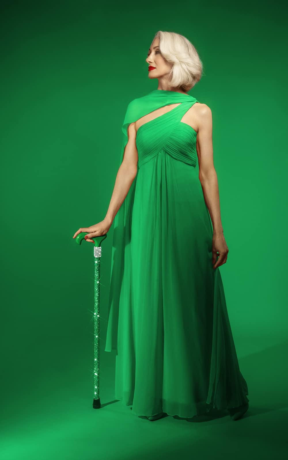 OrthoGlam OrthoGlam Emerald City Lightweight Crystal Rhinestone Bedazzled Fashion Cane - Fashionable Rhinestone Bling Wooden Walking Stick for Balance Assistance (Medium)