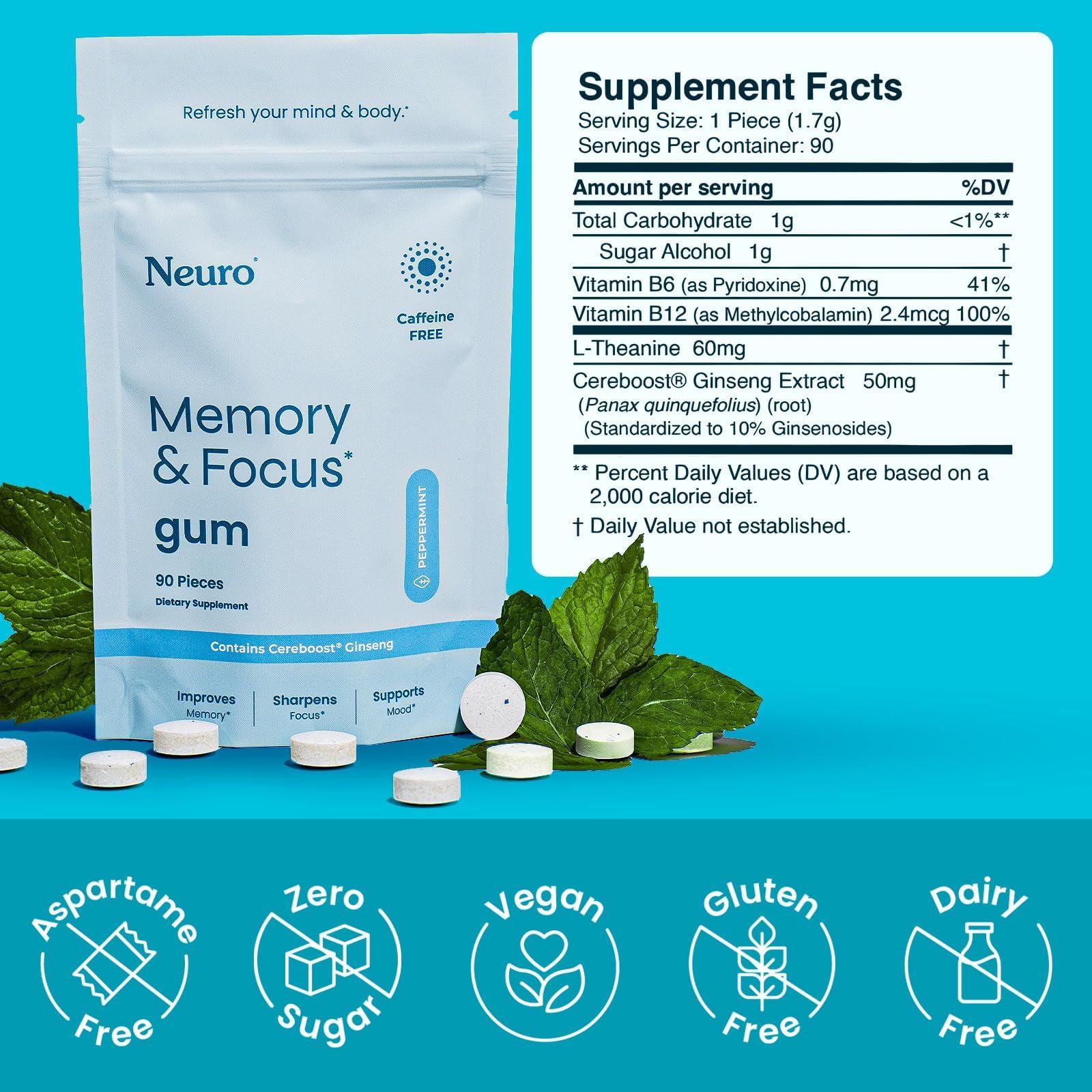 NeuroGum Neuro Memory & Focus Gum (90 Pieces) - Decaf & Sugar Free with American Ginseng, L theanine, Vitamin B12 & Vitamin B6 for Mental Alertness - Brain Supplements for Memory and Focus - Peppermint Flavor