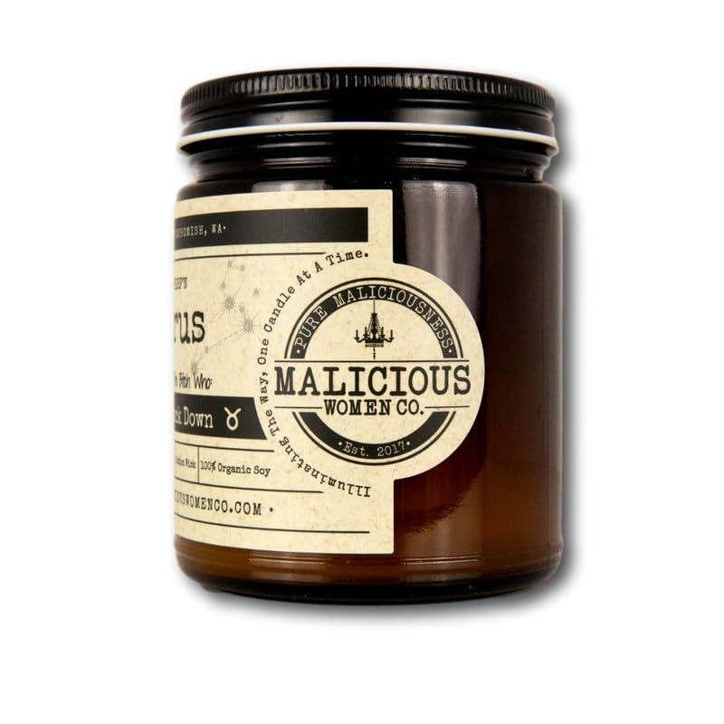 MALICIOUS WOMEN CANDLE CO. INFUSED WITHSASS Malicious Women Co - Taurus Zodiac Soy Candle, 9oz, Handmade Organic Wax, Fig, Cedar & Moss Scent, Astrology Gift for Women, Natural Candle, Vegan, Clean Burning, Aromatherapy, Relaxation, Home Dcor