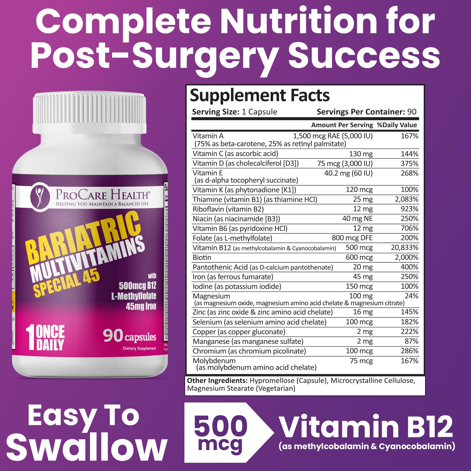ProCare Health ProCare Health Bariatric Multivitamin with Iron (90 Capsule) - 45mg Iron with Reduced B12 - Post Op Bariatric Vitamins for Gastric Bypass Sleeve Patients, Sustains Recovery & Energy (03 Month Supply)