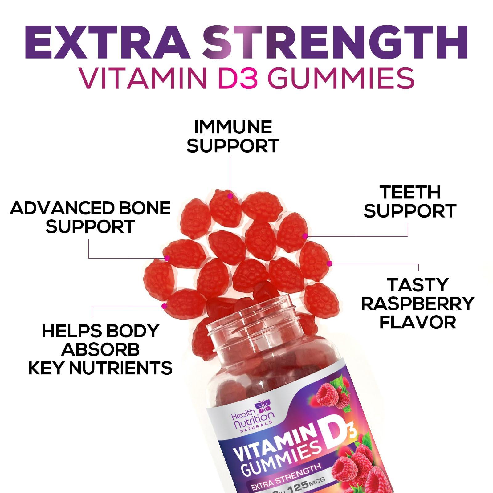 Health Nutrition Naturals Vitamin D3 Gummies Extra Strength 5000 IU (125 mcg) - Bone, Teeth, Muscle & Immune Support Vitamin D Gummy Dietary Supplement, Nature\'s Berry Vitamin D Supplement, Non-GMO - 120 Gummies