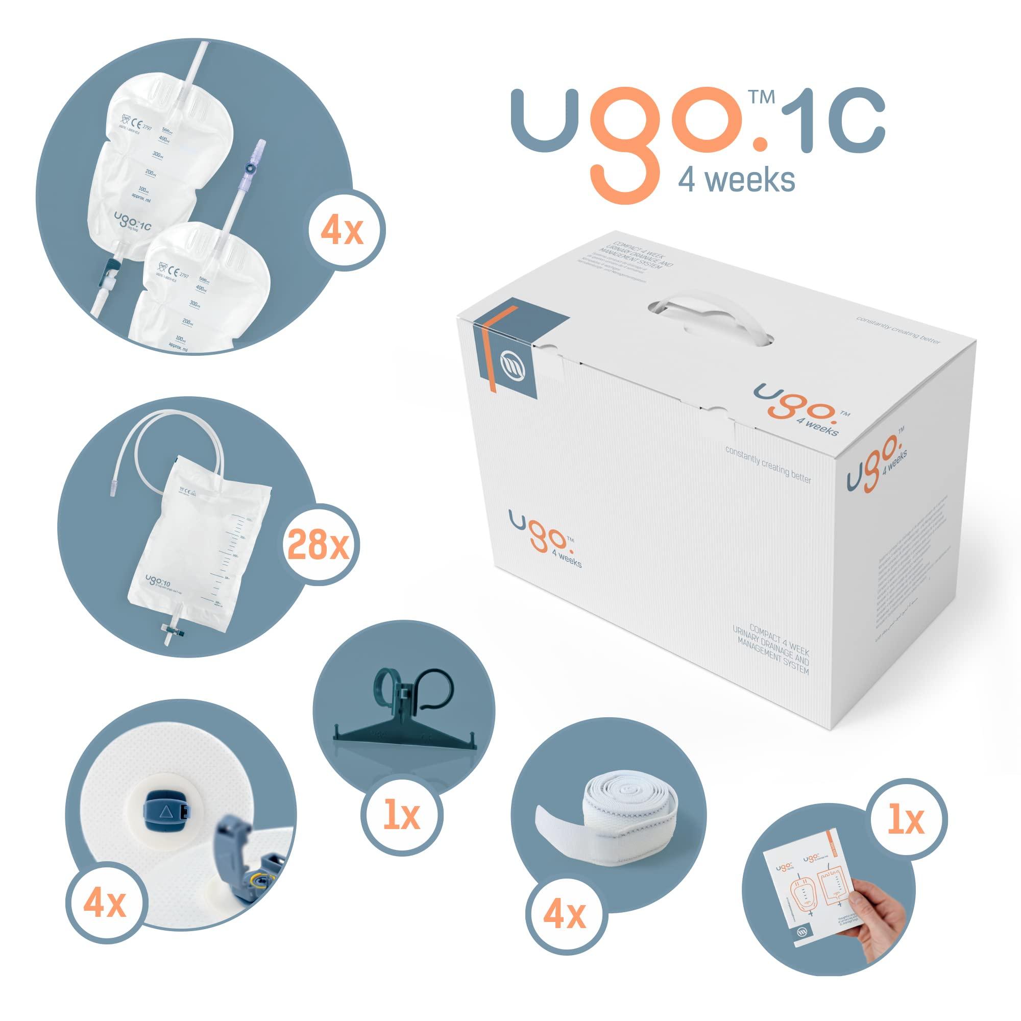 u go Ugo 4 Weeks – 1 Month of Urology Supplies Including 4 Leg Bags, 28 Night Bags, 4 Pairs of Leg Bag Straps, 4 Catheter Clips (Ugo 1C - 500ml, Short Tube, Lever Tap Leg Bags)
