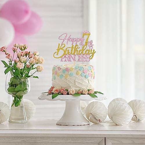 RoadSea RoadSea Princess 7th Birthday Cake Topper - Happy 7th Birthday Cake Supplies for Girl - Girl Seven Years Old Birthday Party Decorations - Pink & Gold Glitter (7th)