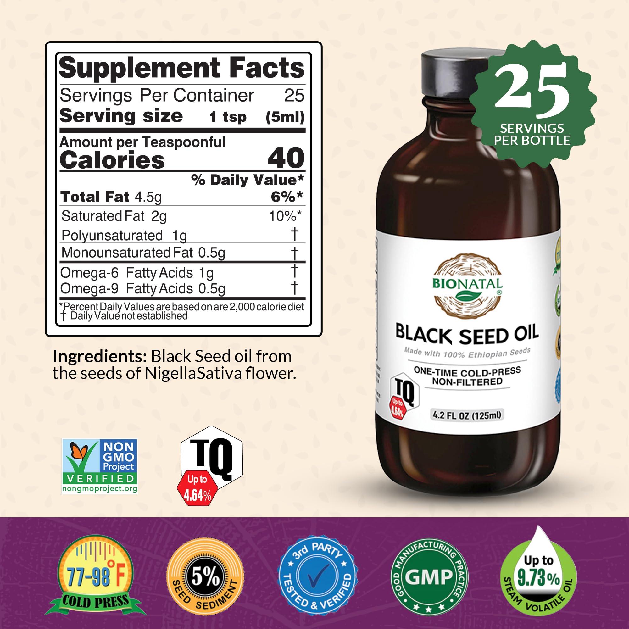 BioNatal Bionatal's Ethiopian Black Seed Oil 4.2oz (GLASS), Up to 4.34% Thymoquinone (TQ), Nigella Sativa Seeds, Non-filtered black cumin seed oil, Cold-pressed
