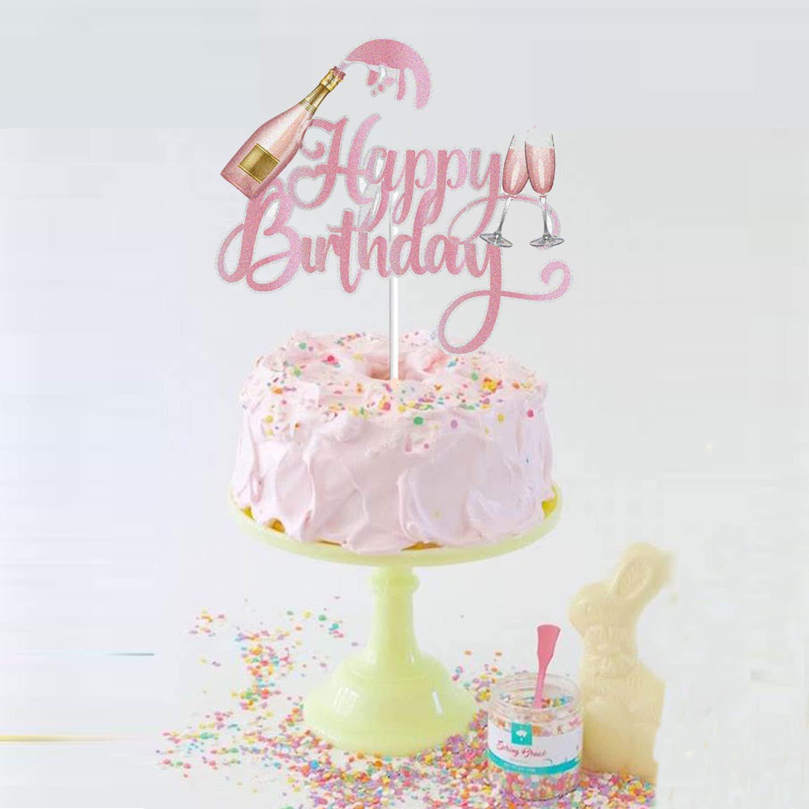 KEWEYA Champagne Happy Birthday Cake Topper Celebrating Cheers to 21 30 40 50 60 Years Theme Birthday Party Decoration Supplies Pink Rose Gold Glitter Beers Wine Glass Cake Decor for Men Women