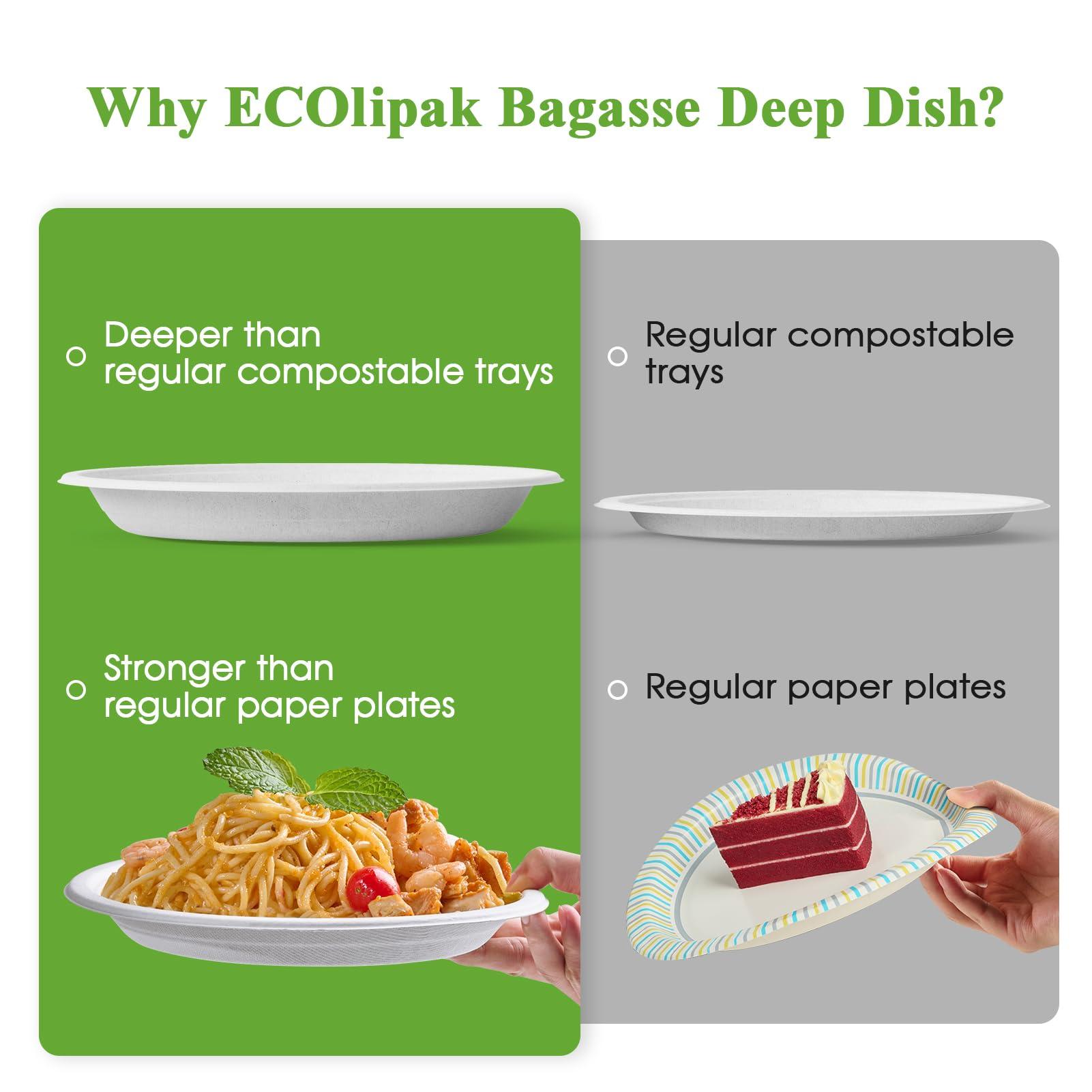 ECOLipak ECOLipak 125 Pack Paper Plates 9 inch 100% Compostable Plates Heavy-Duty Dinner Plates Disposable Bagasse Deep Dish Natural Biodegradable Eco-Friendly Sugarcane Plates(White)