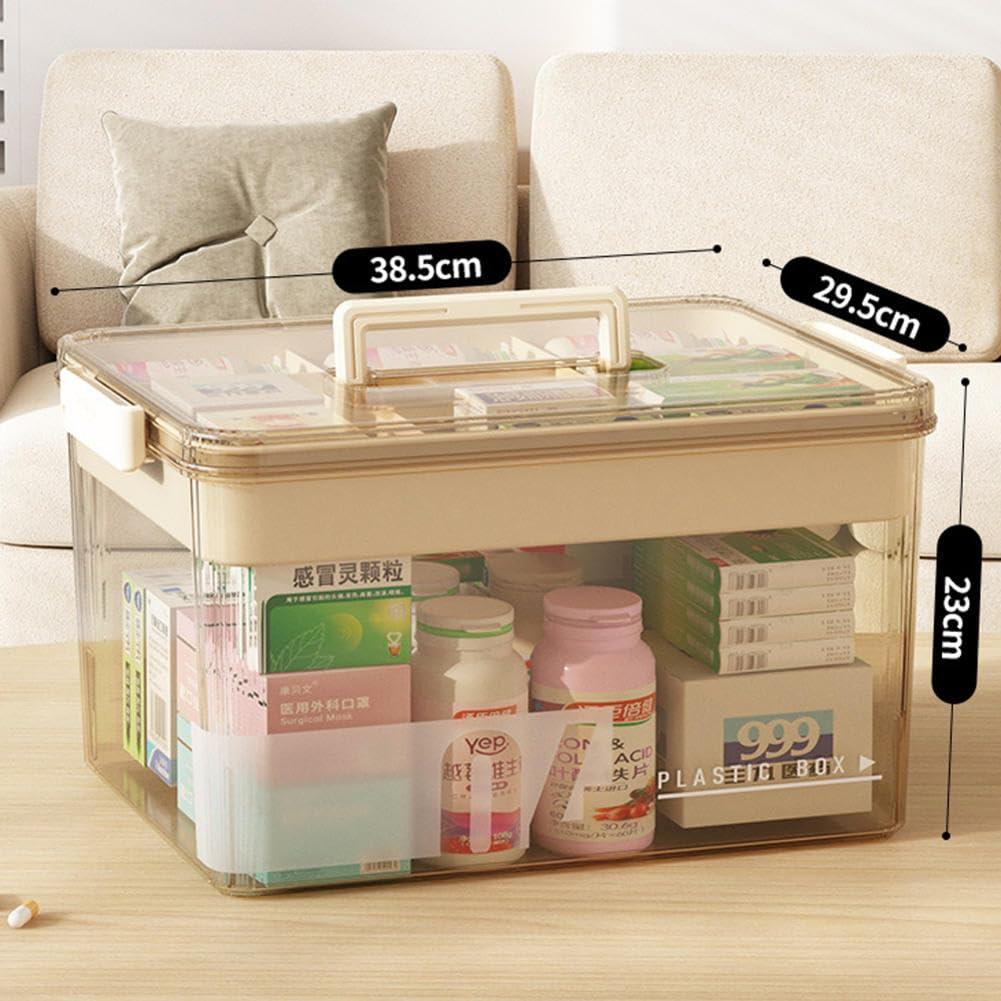 MYBAQ MYBAQ,Medicine Storage Box,Pill Bottle Organizer,Medication Organizer Storage,Medicine Organizer,Transparent Multi-Compartment Organizer with Handle,Medicine Storage for Home (15\"L11.6\"W9\"H) Khaki