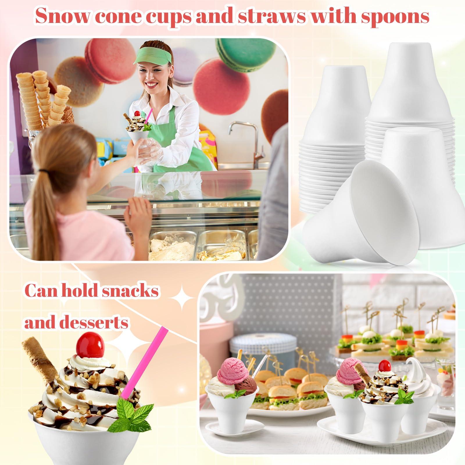 FoldTier FoldTier 100 Set Snow Cone Cups and Straws Set 12 oz Shaved Ice Cups Colorful Snow Cone Straws Ice Cream Bowls Thicken Paper Cone Cups for Wedding Birthday Party Food Holiday Summer Cookout